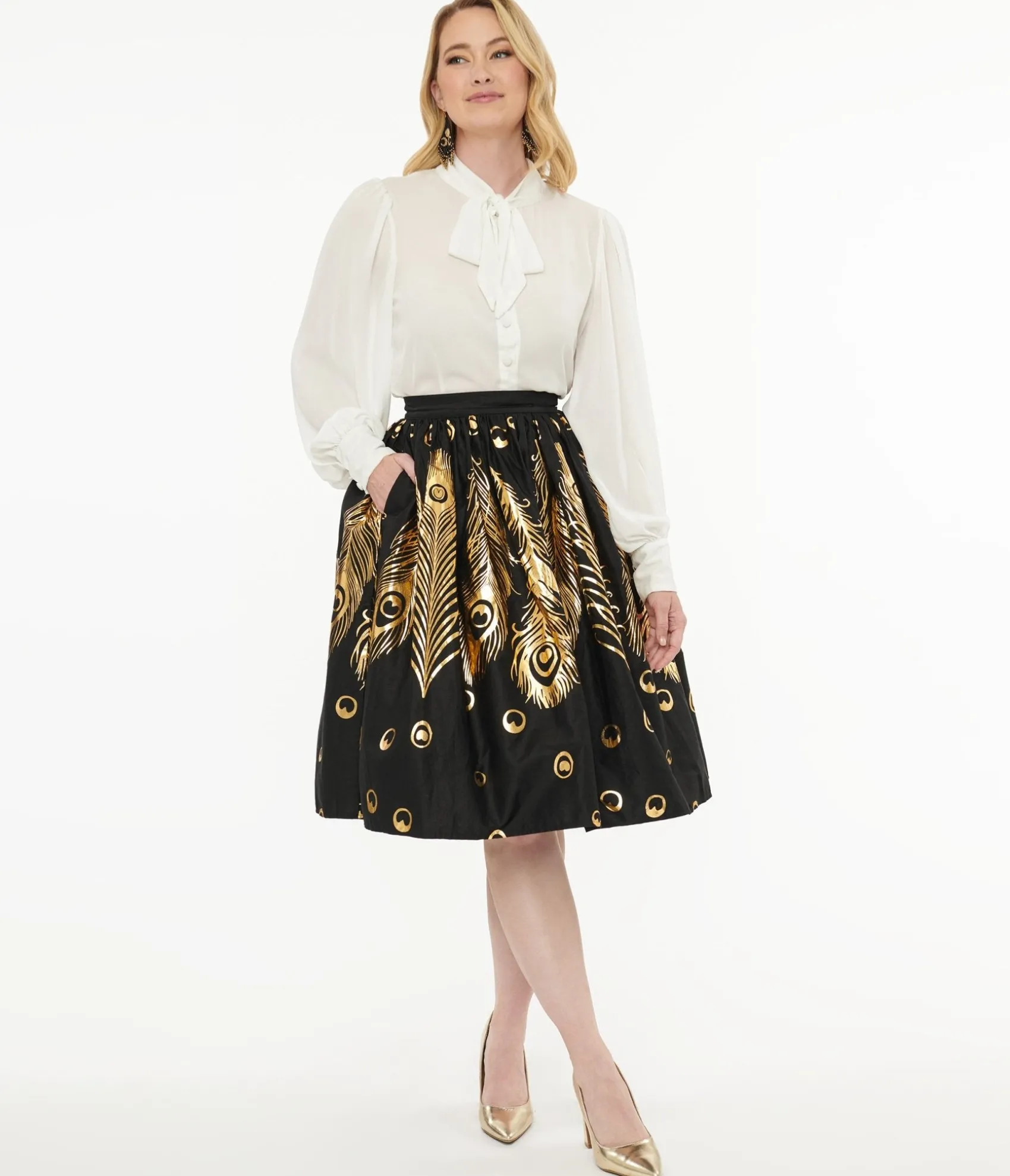 Unique Vintage 1950s Black & Gold Foil Feather Gellar Swing Skirt Best Sale