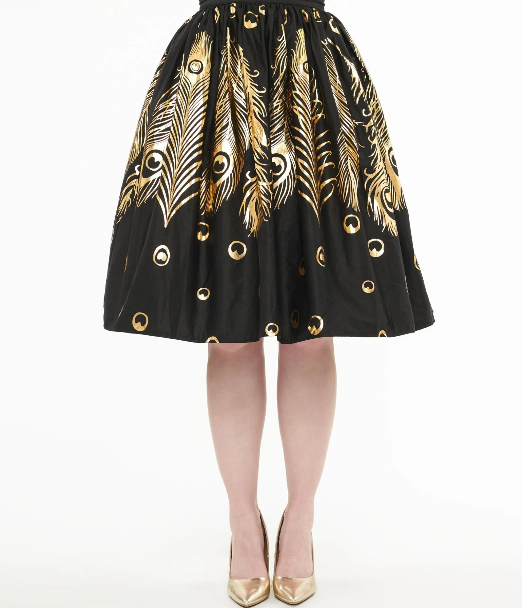 Unique Vintage 1950s Black & Gold Foil Feather Gellar Swing Skirt Best Sale