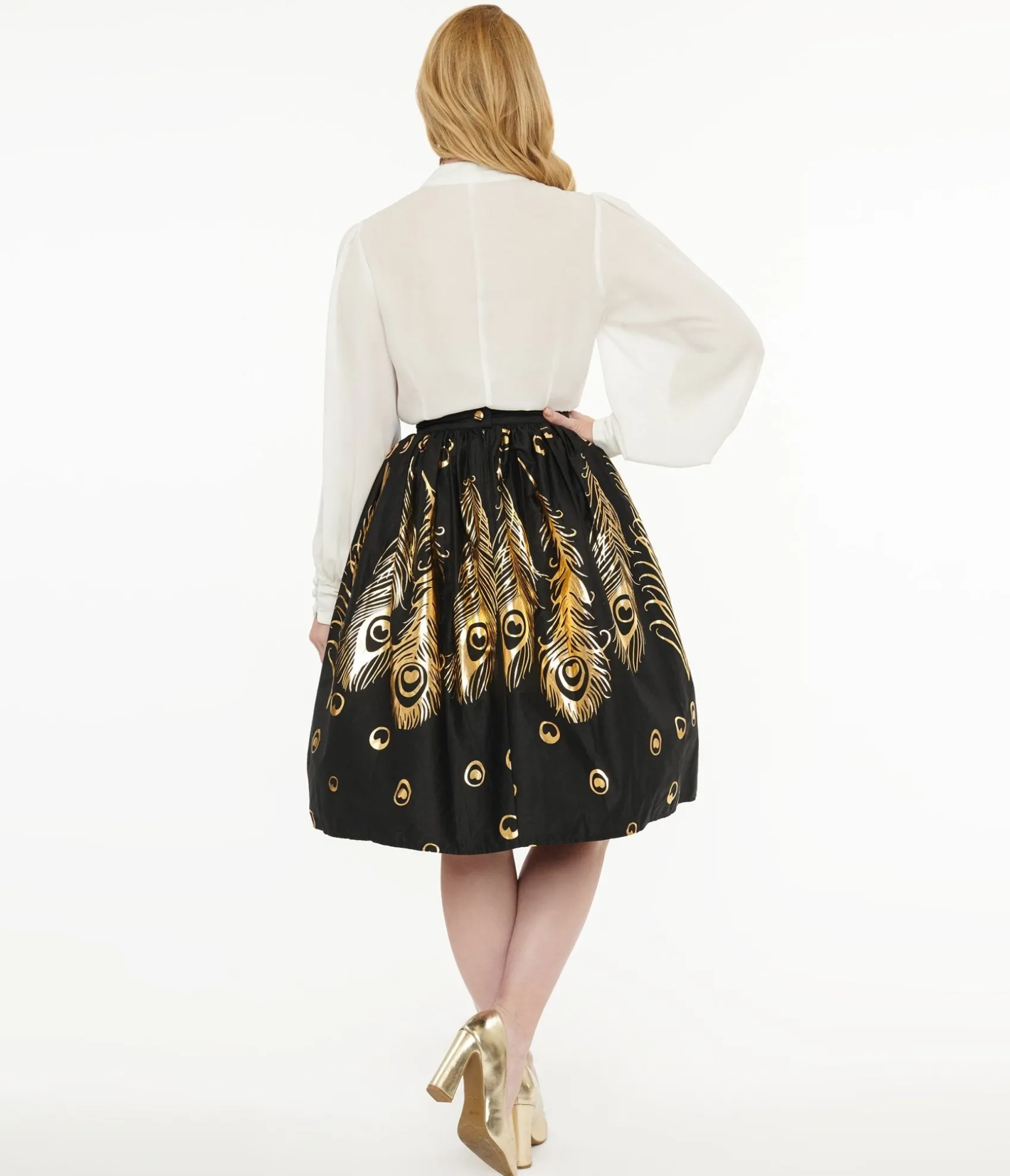 Unique Vintage 1950s Black & Gold Foil Feather Gellar Swing Skirt Best Sale