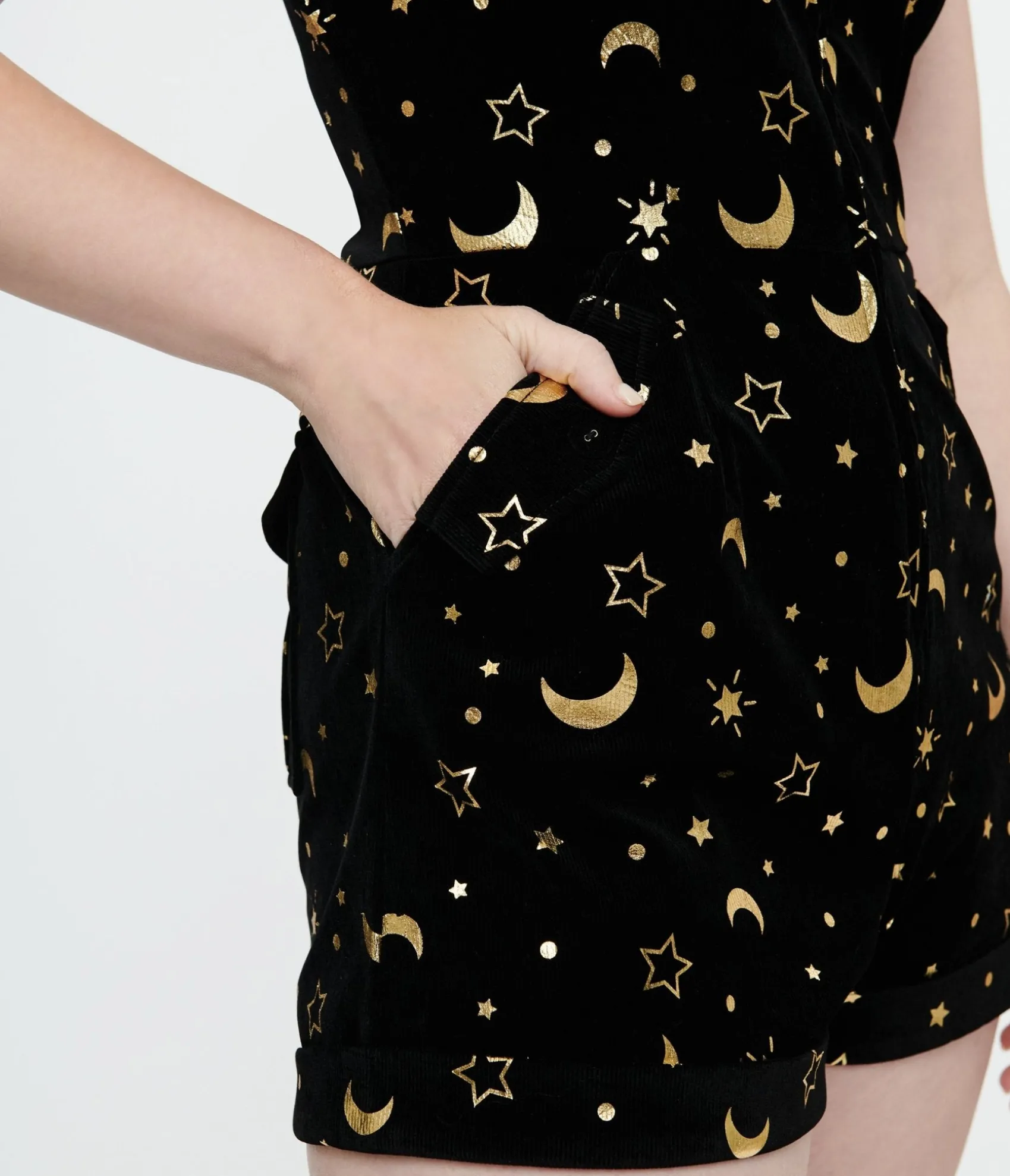 Unique Vintage 1960s Black & Gold Moon Print Mia Romper Clearance