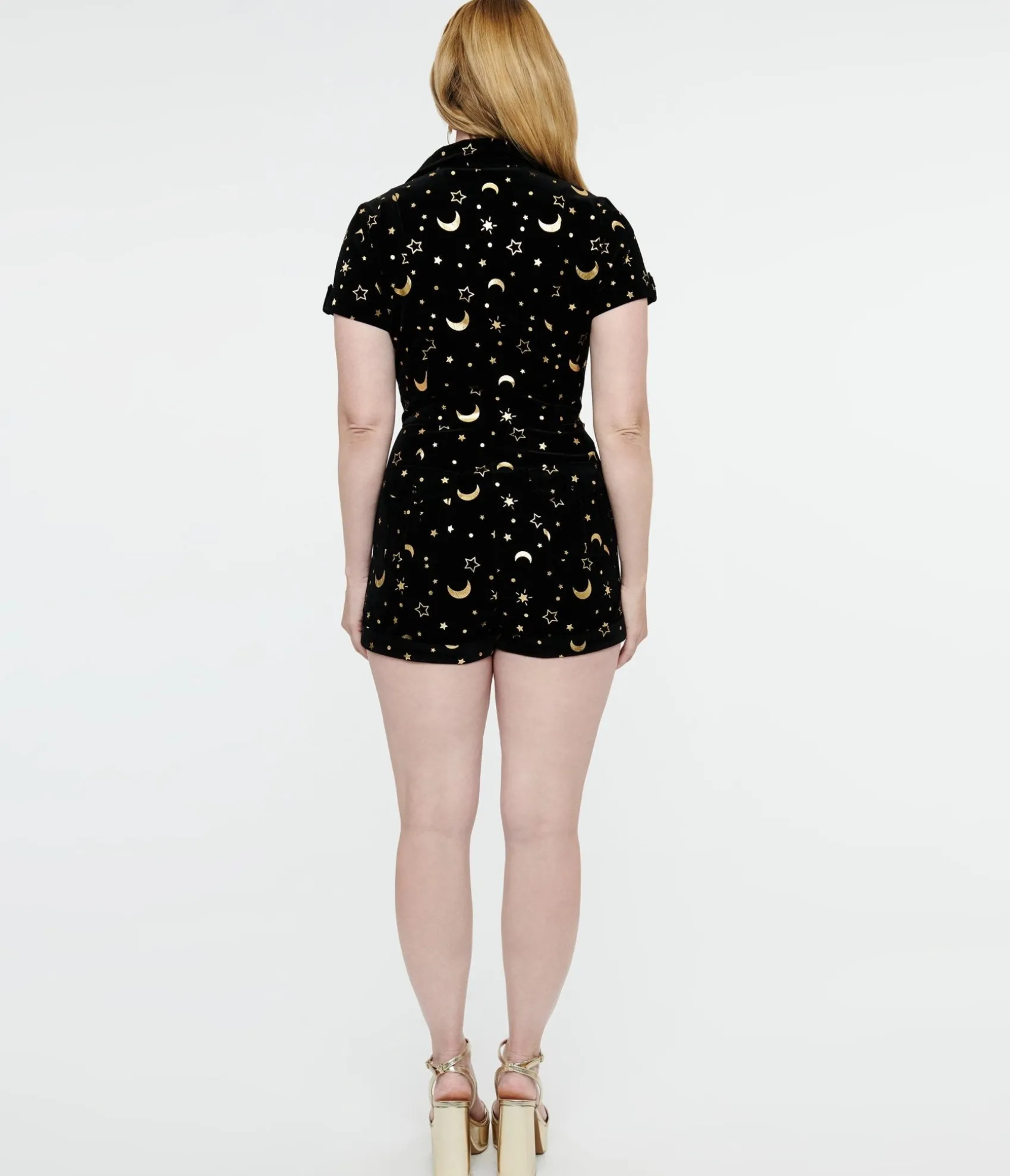 Unique Vintage 1960s Black & Gold Moon Print Mia Romper Clearance