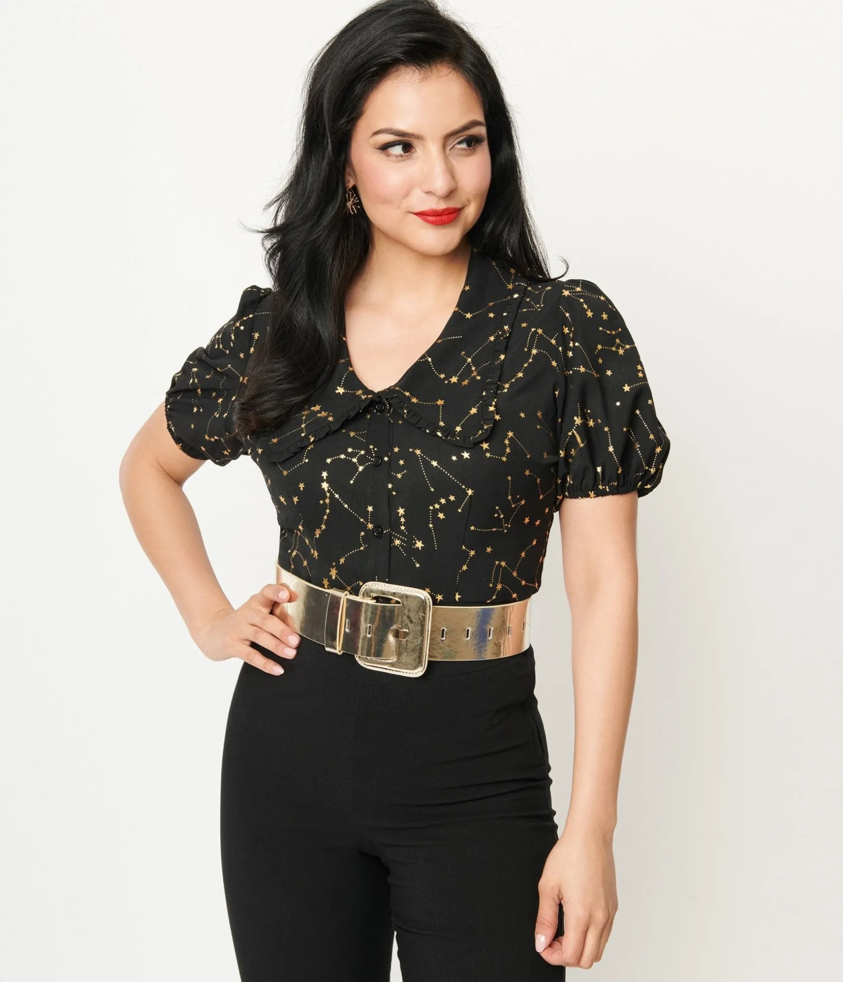 Unique Vintage 1930s Black & Gold Stars Oversized Collar Blouse Flash Sale