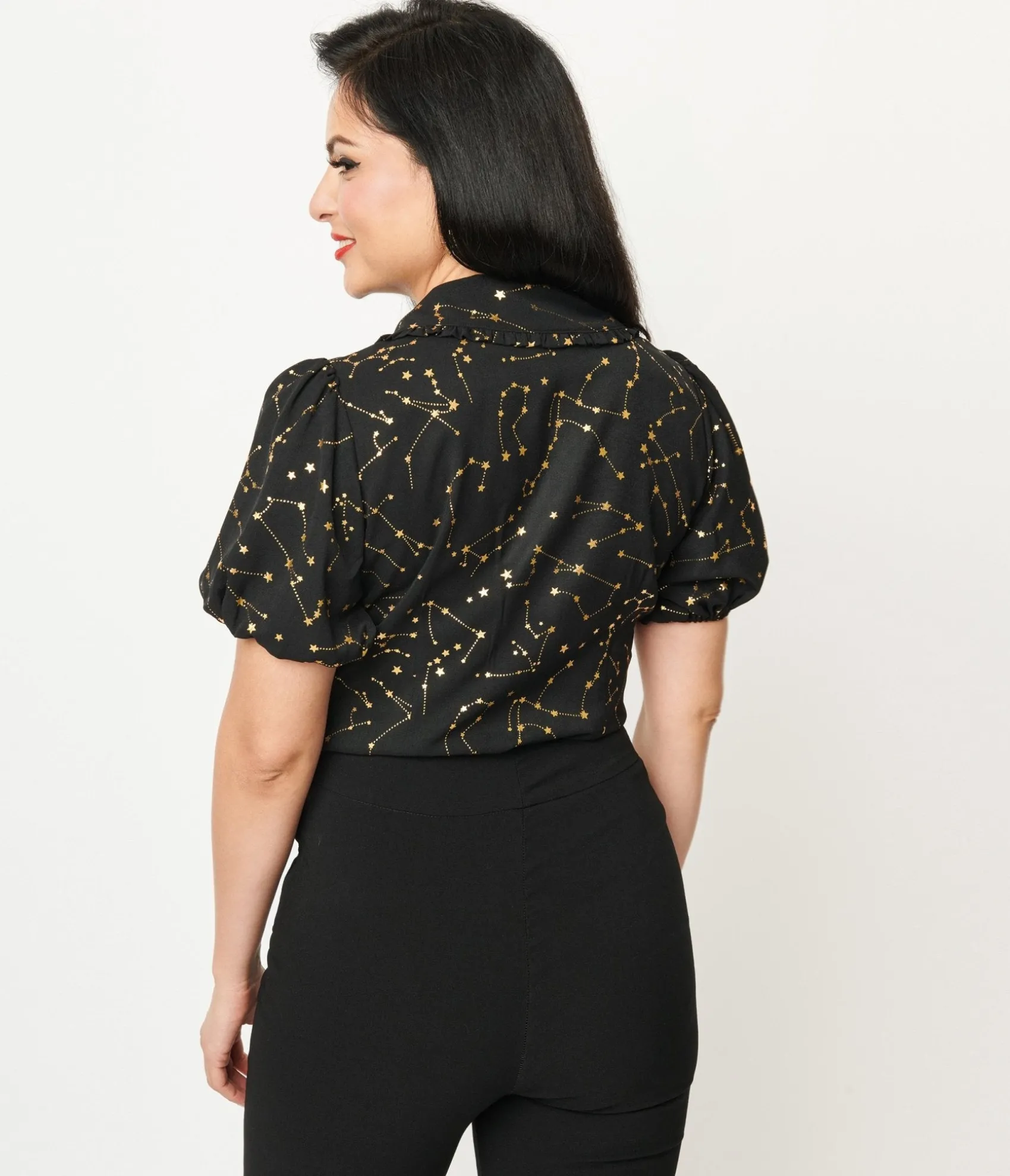 Unique Vintage 1930s Black & Gold Stars Oversized Collar Blouse Flash Sale
