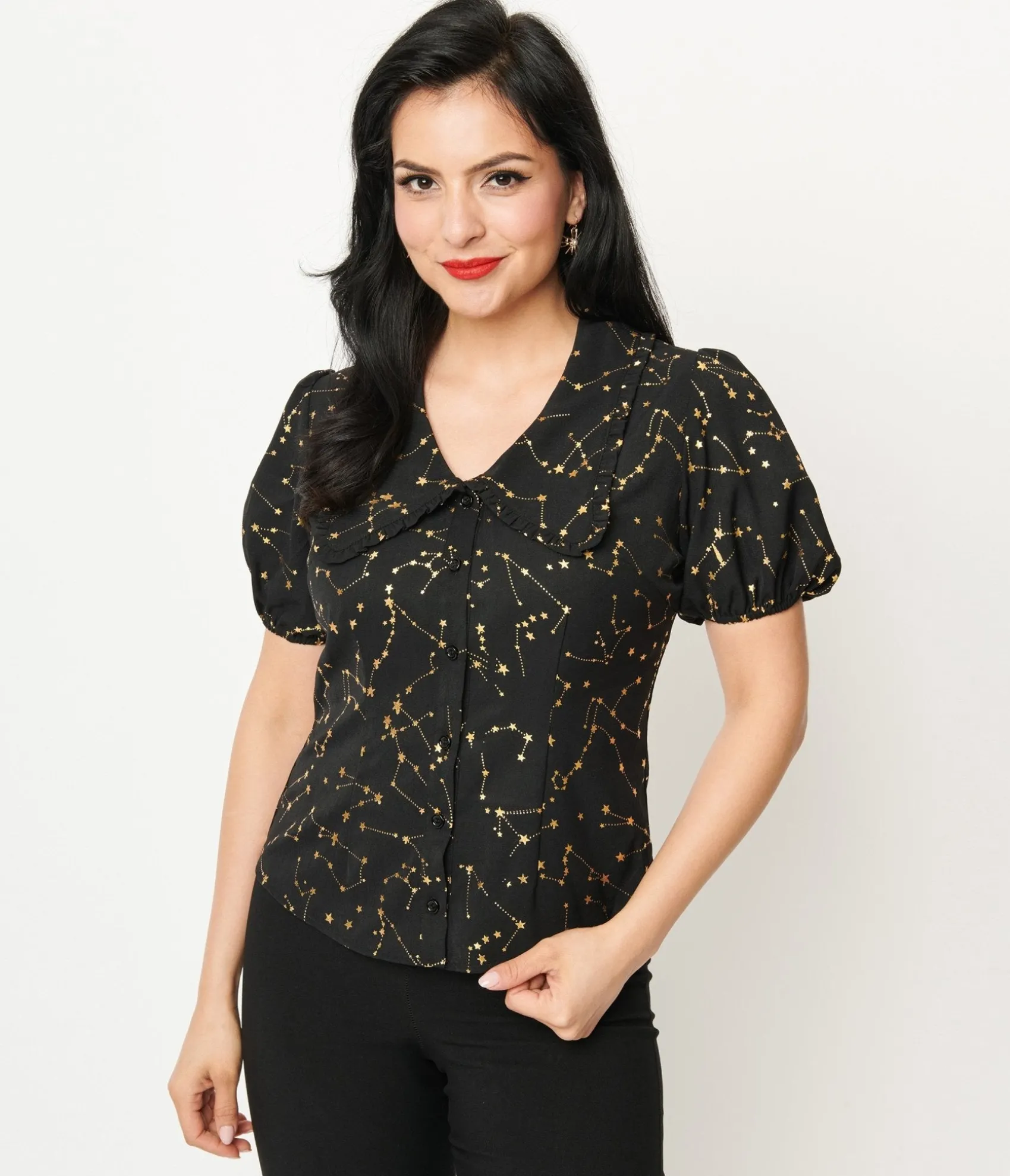 Unique Vintage 1930s Black & Gold Stars Oversized Collar Blouse Flash Sale