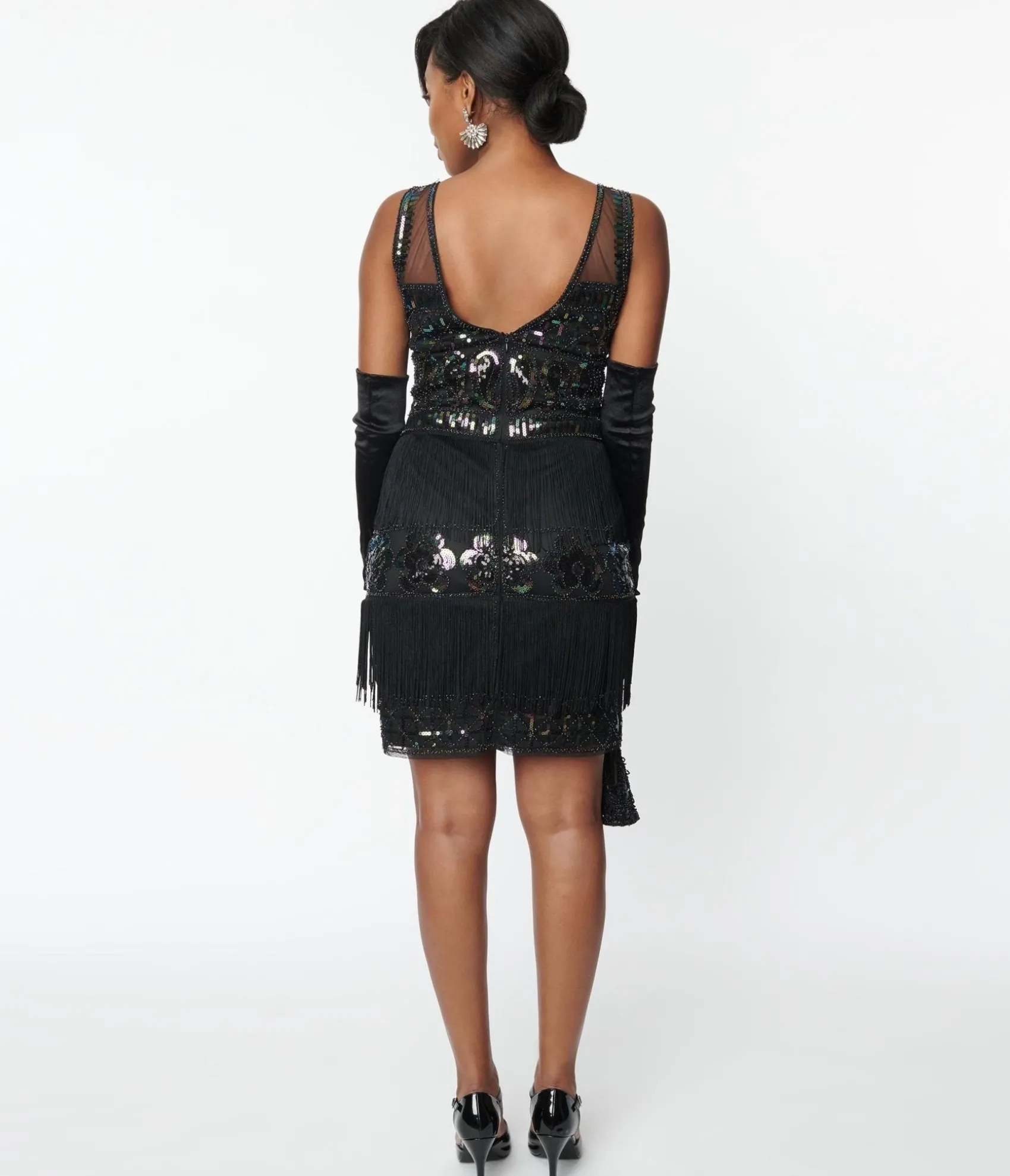 Unique Vintage 1920s Black & Iridescent Sequin Sleeveless Flapper Dress Clearance