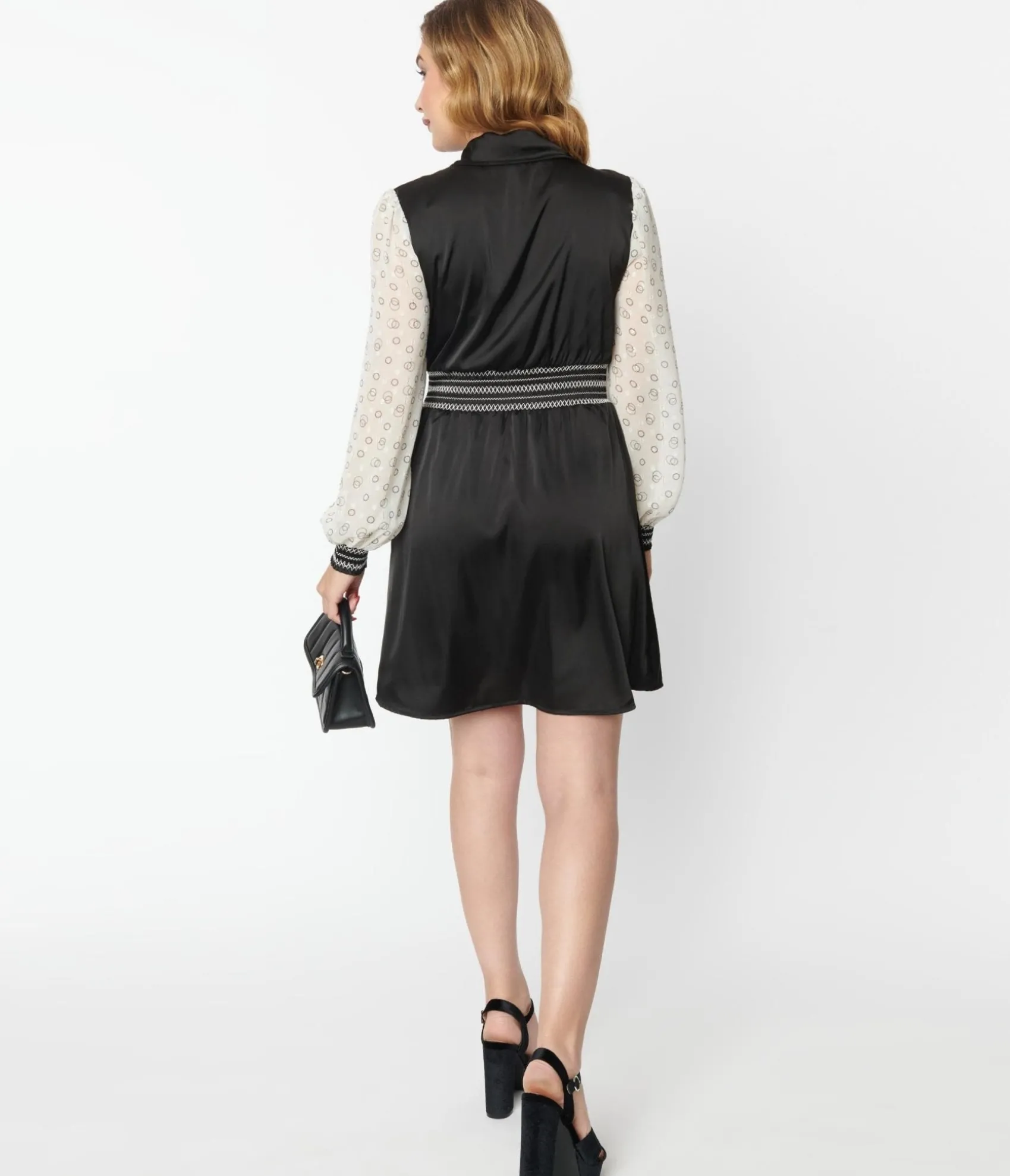 Unique Vintage 1970s Black & Ivory Neck Tie Flare Dress Shop