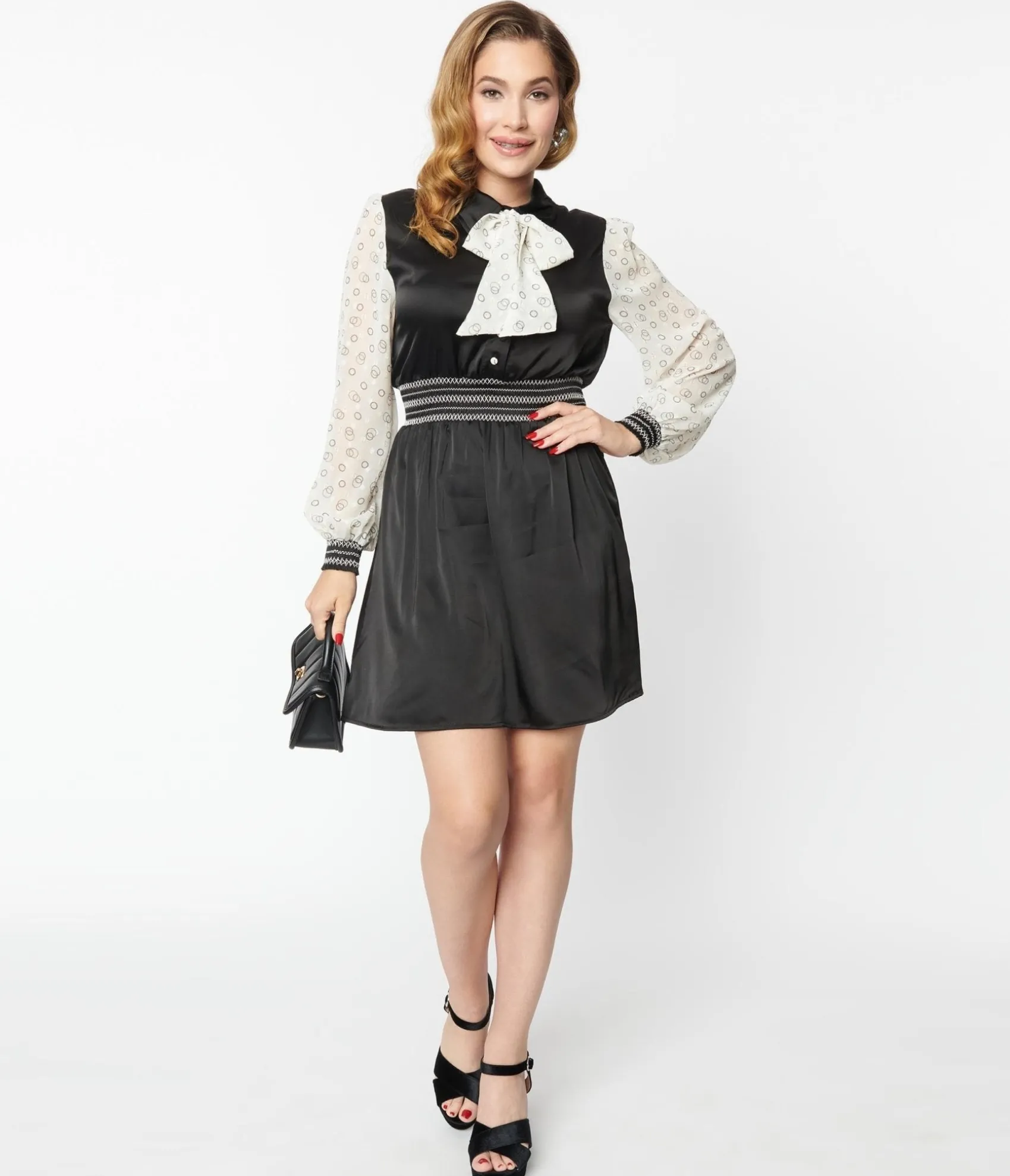 Unique Vintage 1970s Black & Ivory Neck Tie Flare Dress Shop