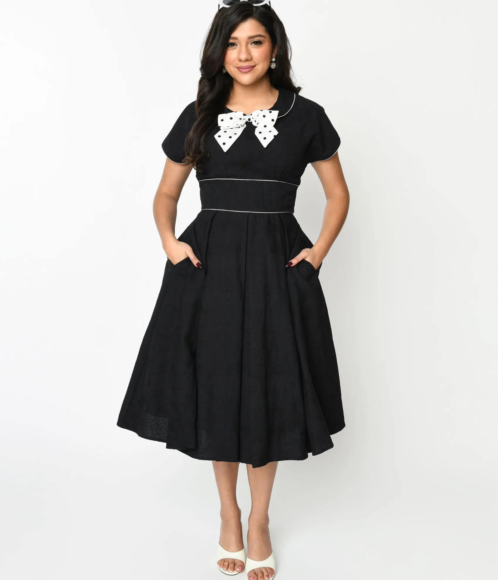 Unique Vintage 1950s Black & Ivory Polka Dot Bow Cotton Swing Dress Shop