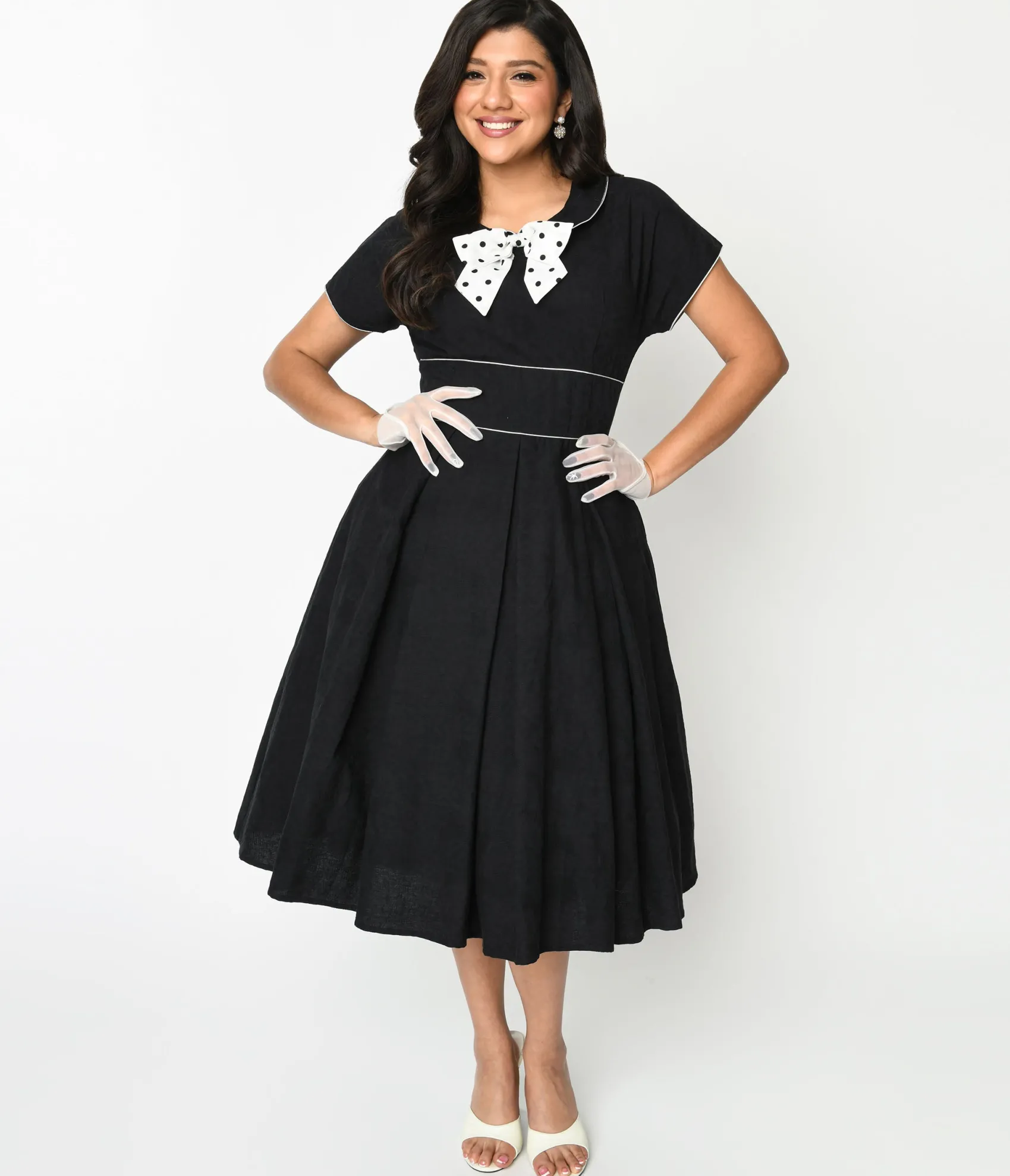 Unique Vintage 1950s Black & Ivory Polka Dot Bow Cotton Swing Dress Shop