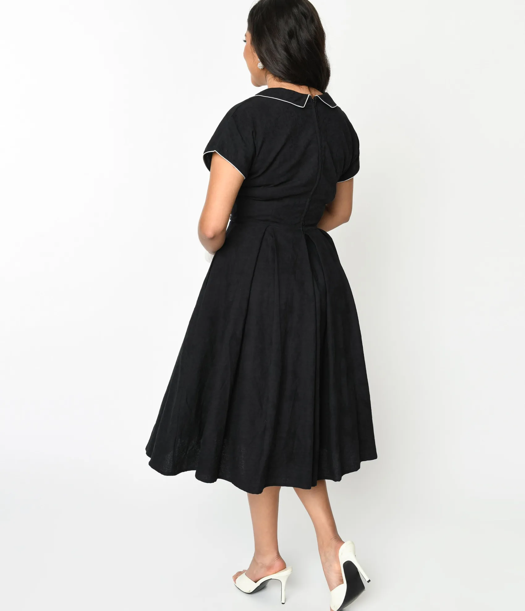 Unique Vintage 1950s Black & Ivory Polka Dot Bow Cotton Swing Dress Shop