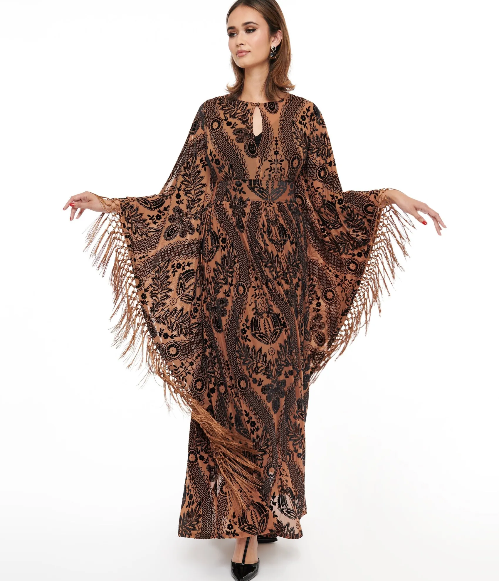 Unique Vintage 1960s Black & Nude Floral Fringe Flutter Sleeve Caftan Sale