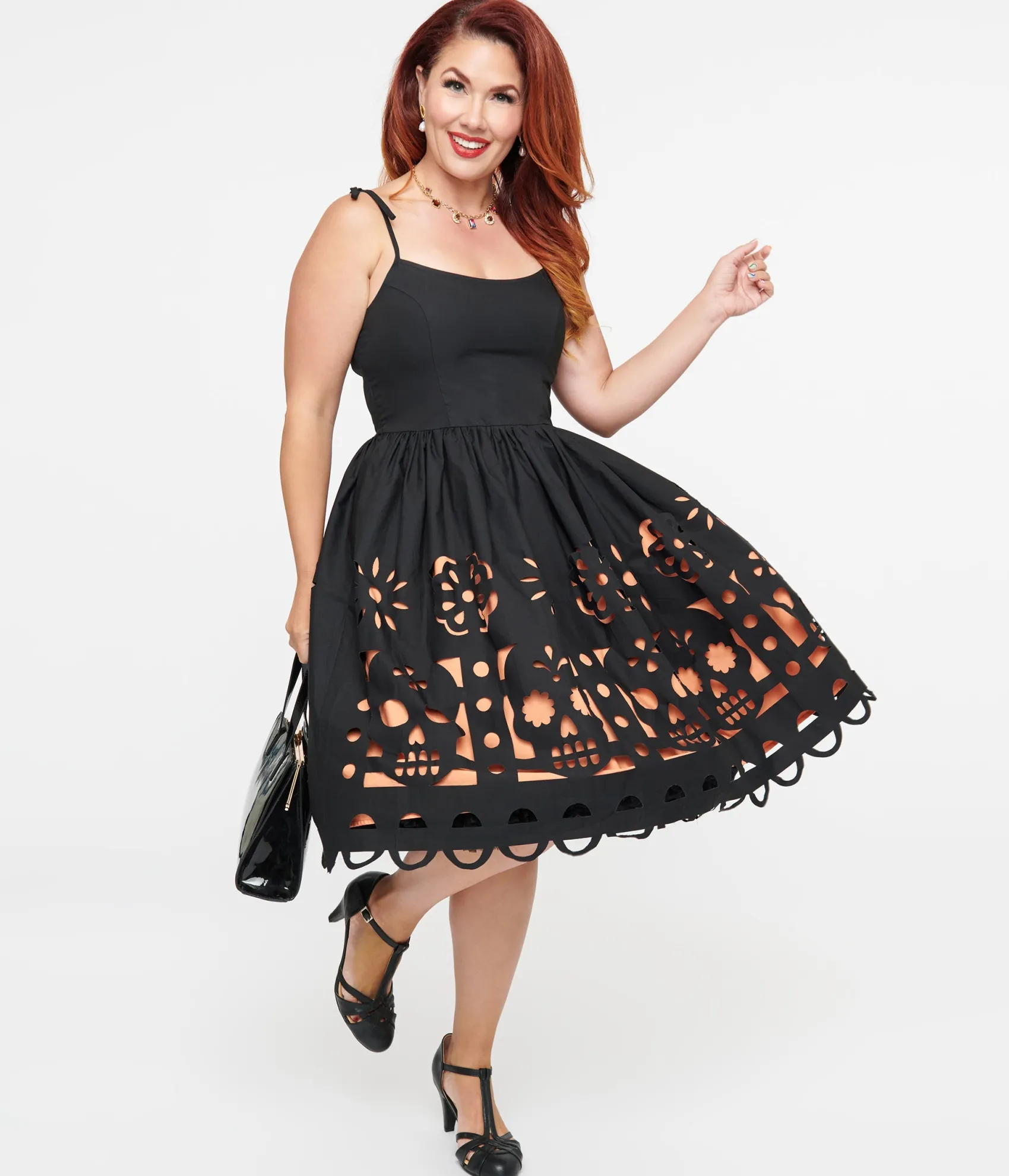 Unique Vintage 1950s Black & Orange Dia De Los Muertos Cutout Bobbie Swing Dress Cheap