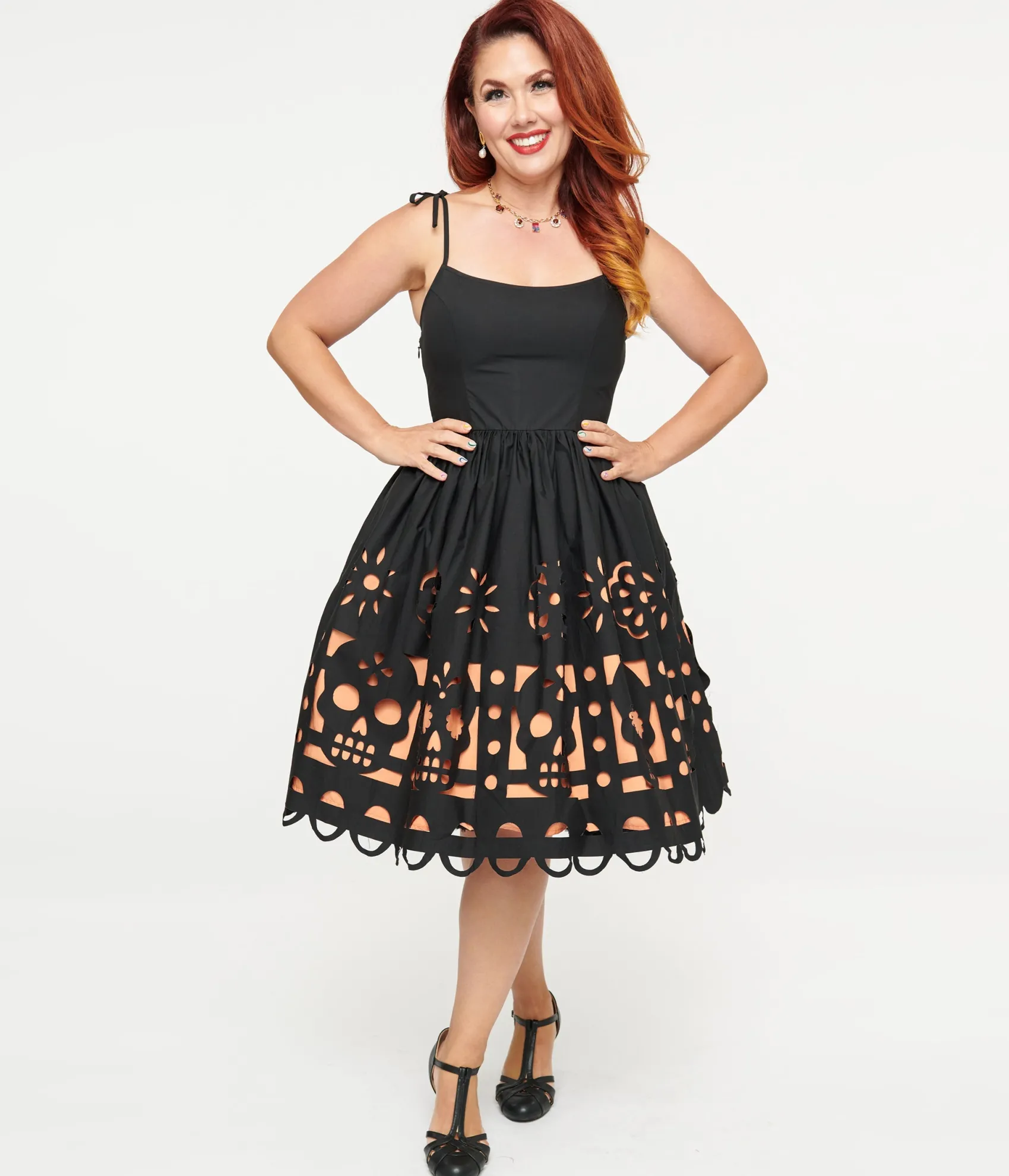 Unique Vintage 1950s Black & Orange Dia De Los Muertos Cutout Bobbie Swing Dress Cheap
