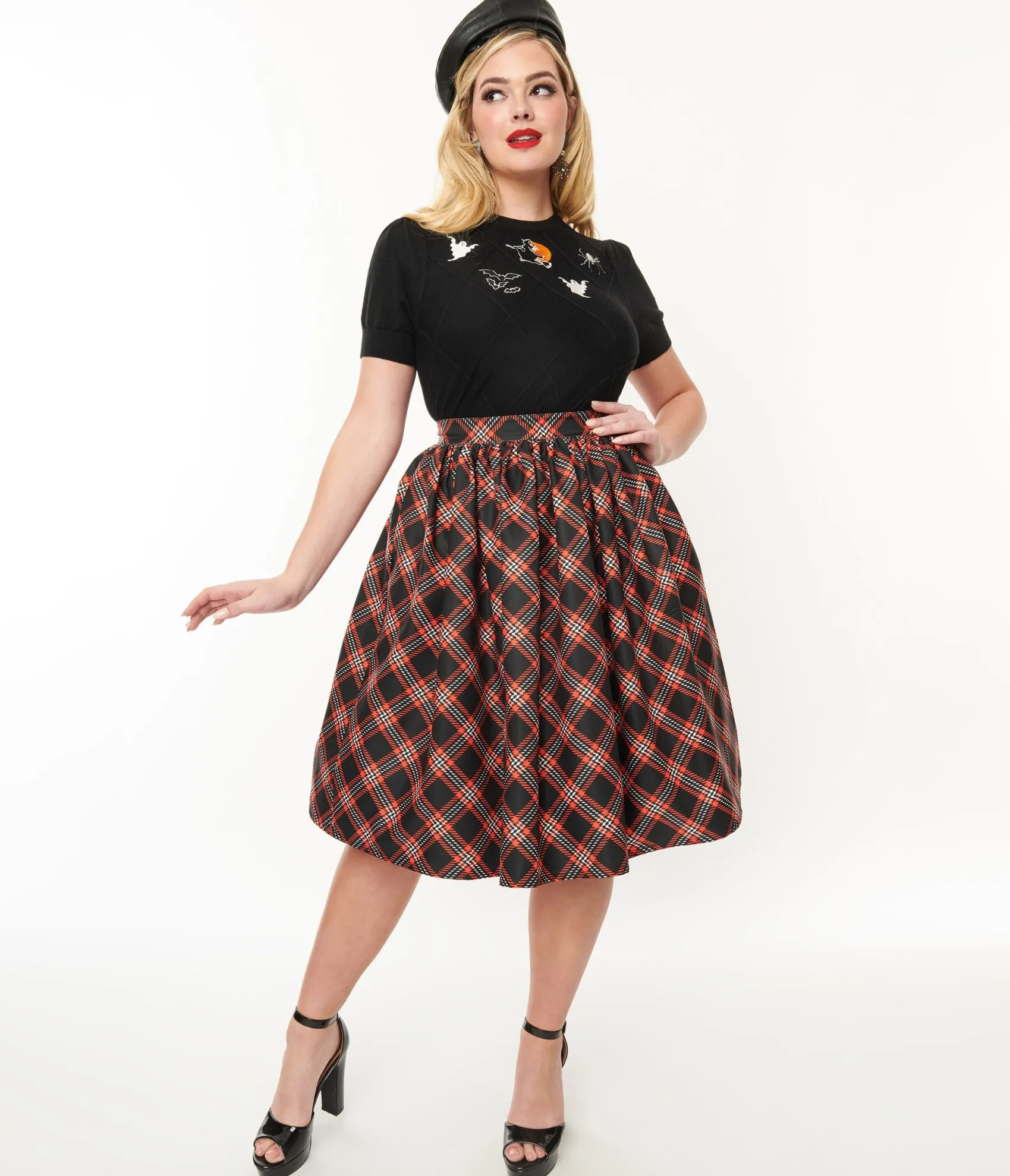 Unique Vintage 1950s Black & Orange Plaid Gellar Swing Skirt Flash Sale