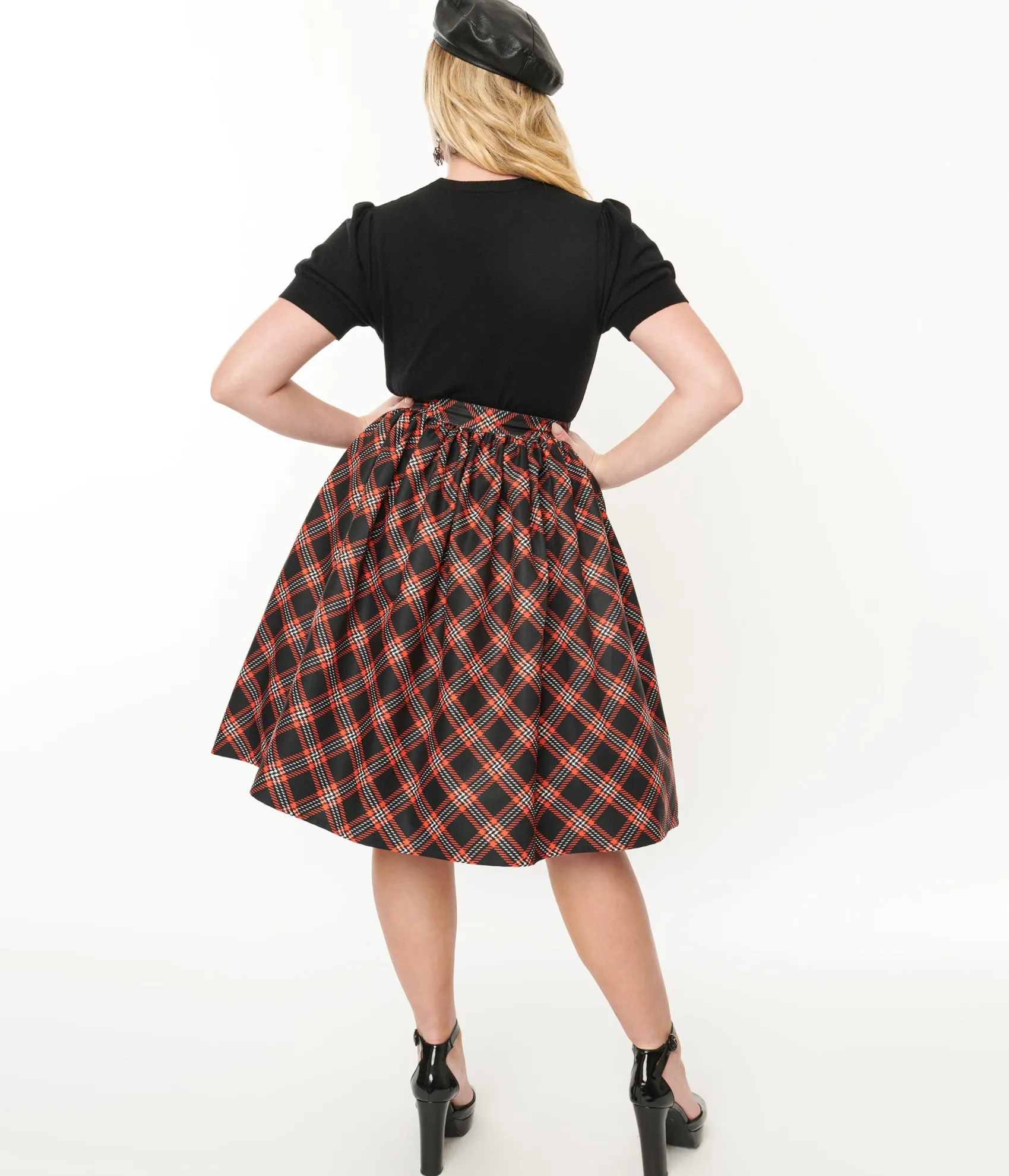 Unique Vintage 1950s Black & Orange Plaid Gellar Swing Skirt Flash Sale