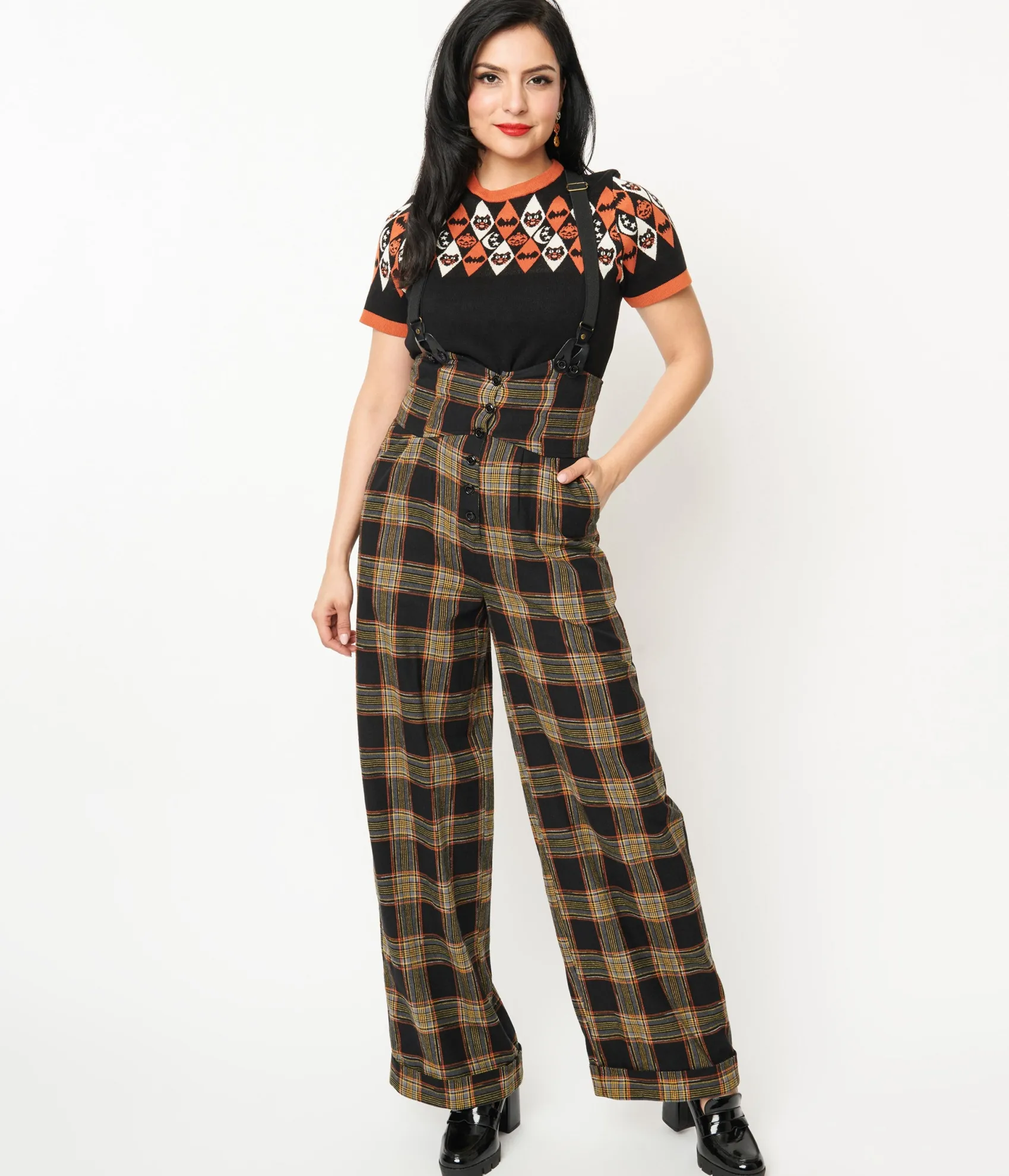 Unique Vintage 1930s Black & Orange Plaid Thelma Suspender Pants Shop