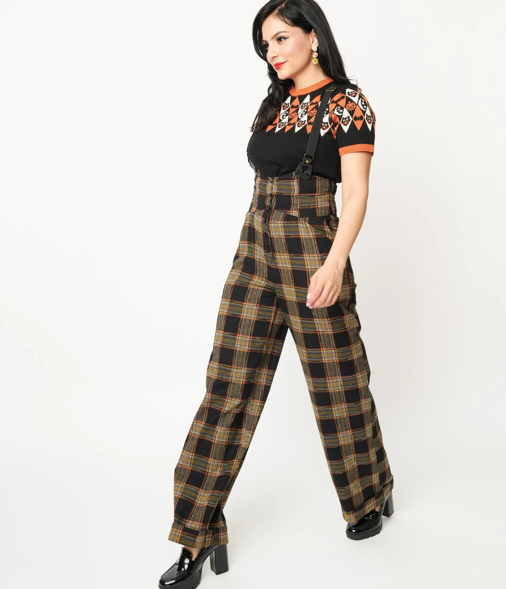 Unique Vintage 1930s Black & Orange Plaid Thelma Suspender Pants Shop