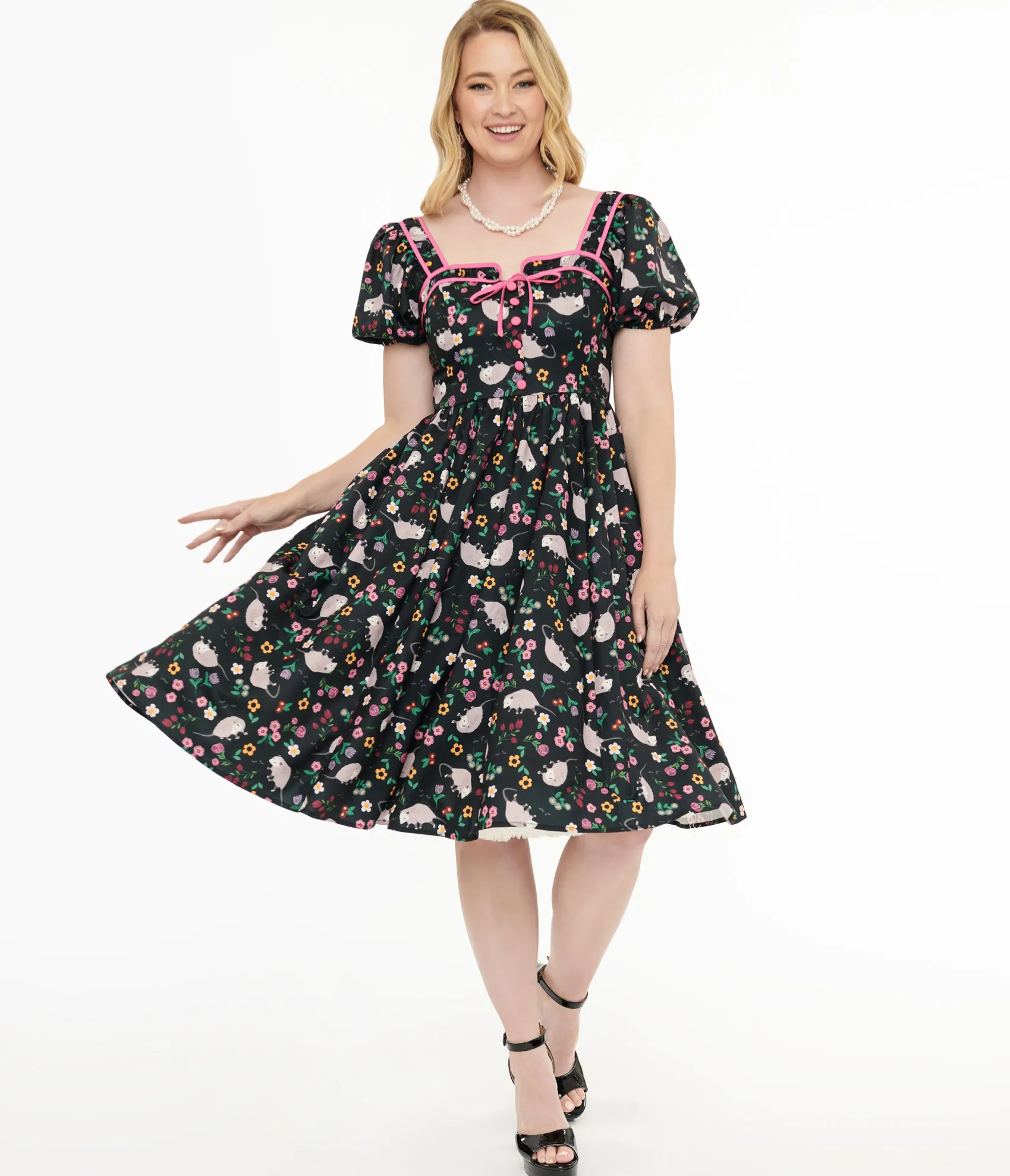 Unique Vintage 1940s Black & Pink Awesome Possum Button Front Swing Dress Online