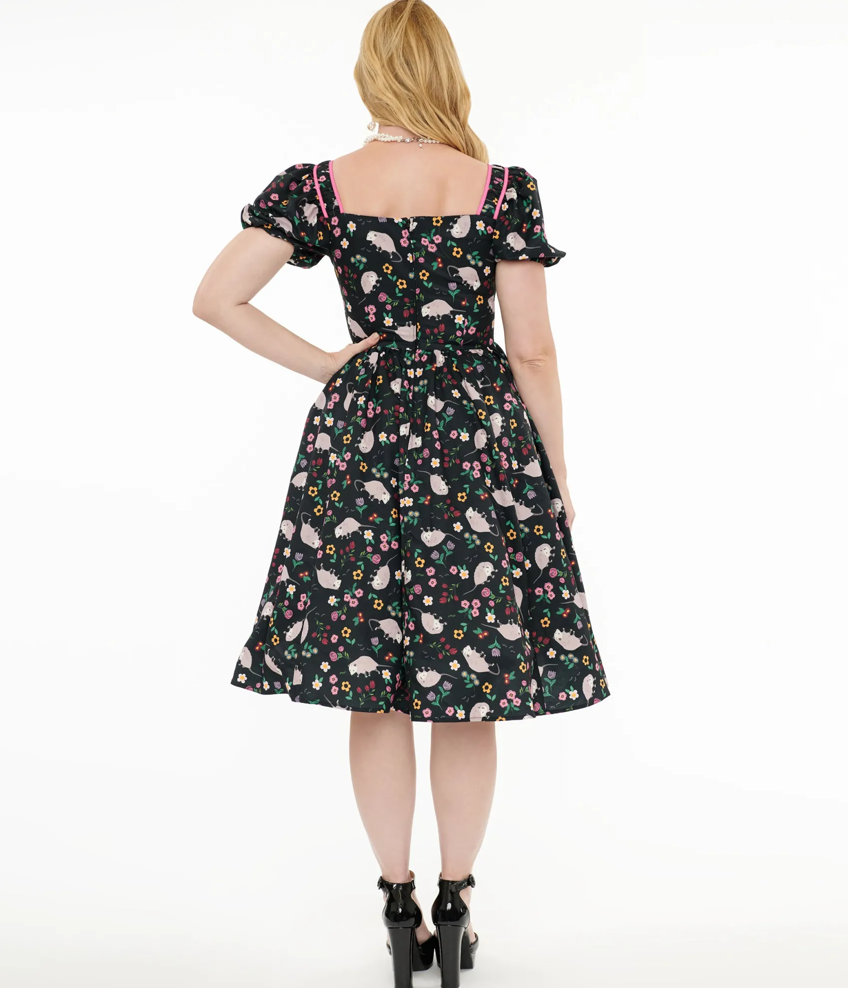 Unique Vintage 1940s Black & Pink Awesome Possum Button Front Swing Dress Online