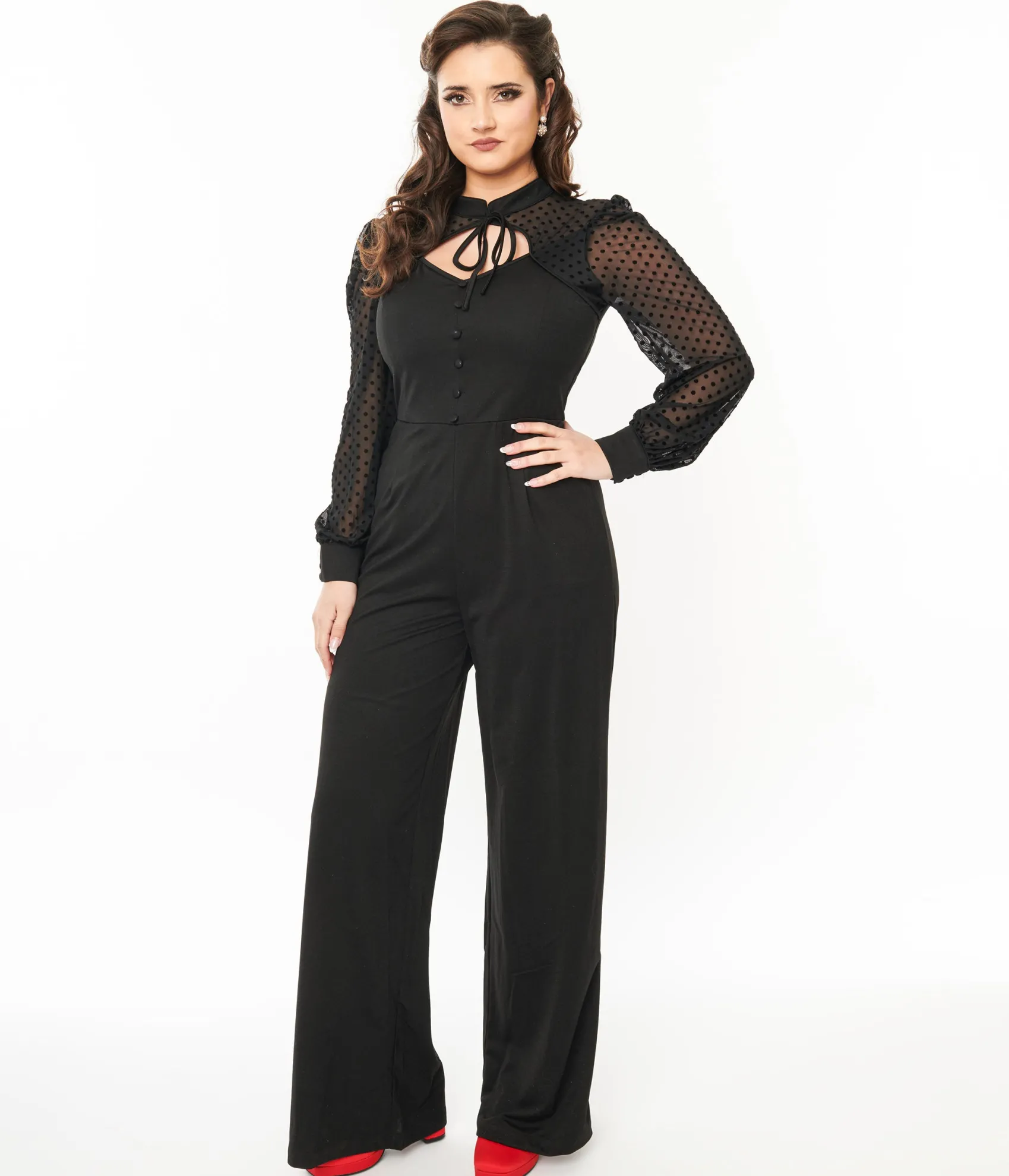 Unique Vintage 1970s Black & Polka Dot Long Sleeve Jumpsuit Hot
