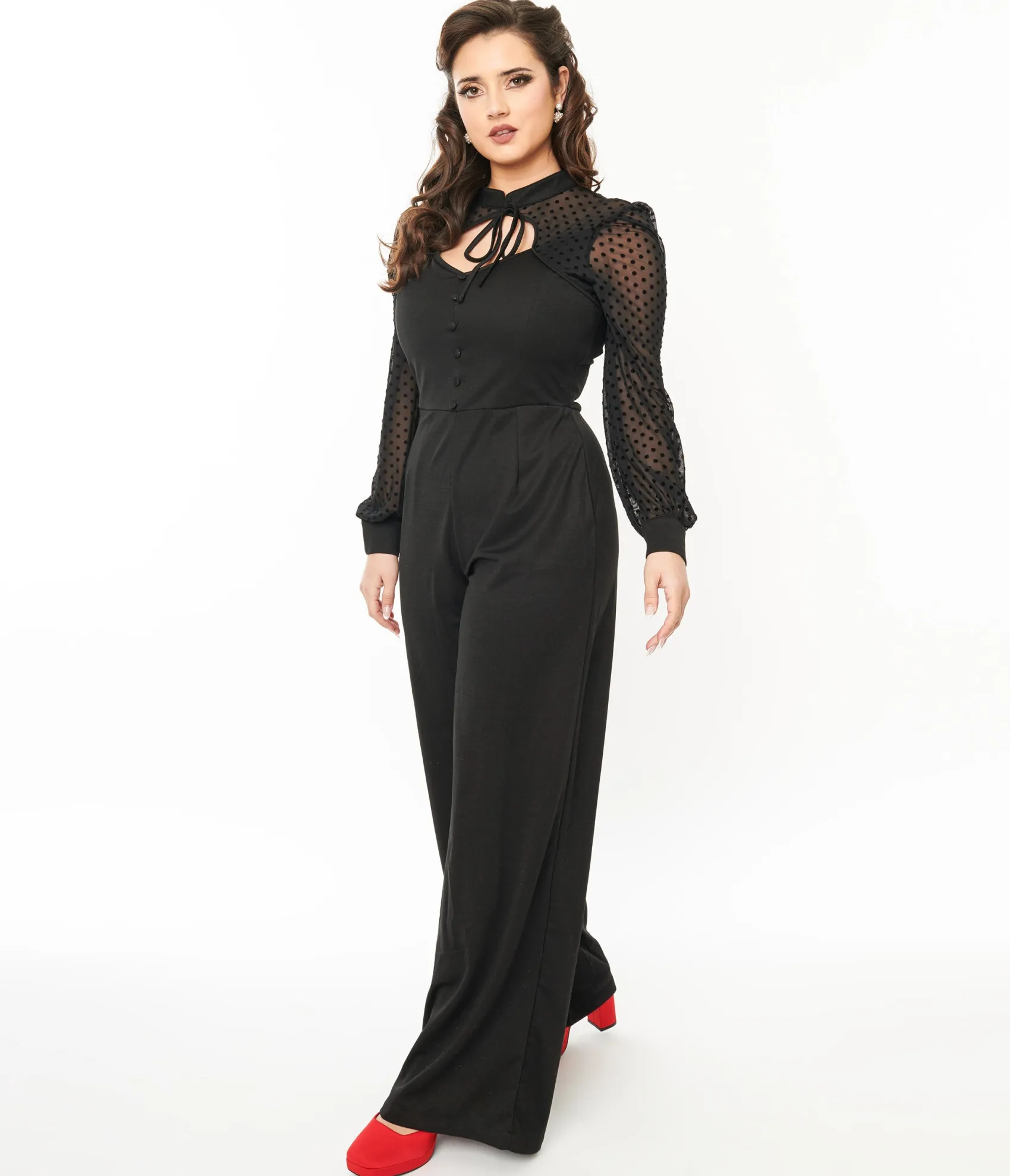 Unique Vintage 1970s Black & Polka Dot Long Sleeve Jumpsuit Hot