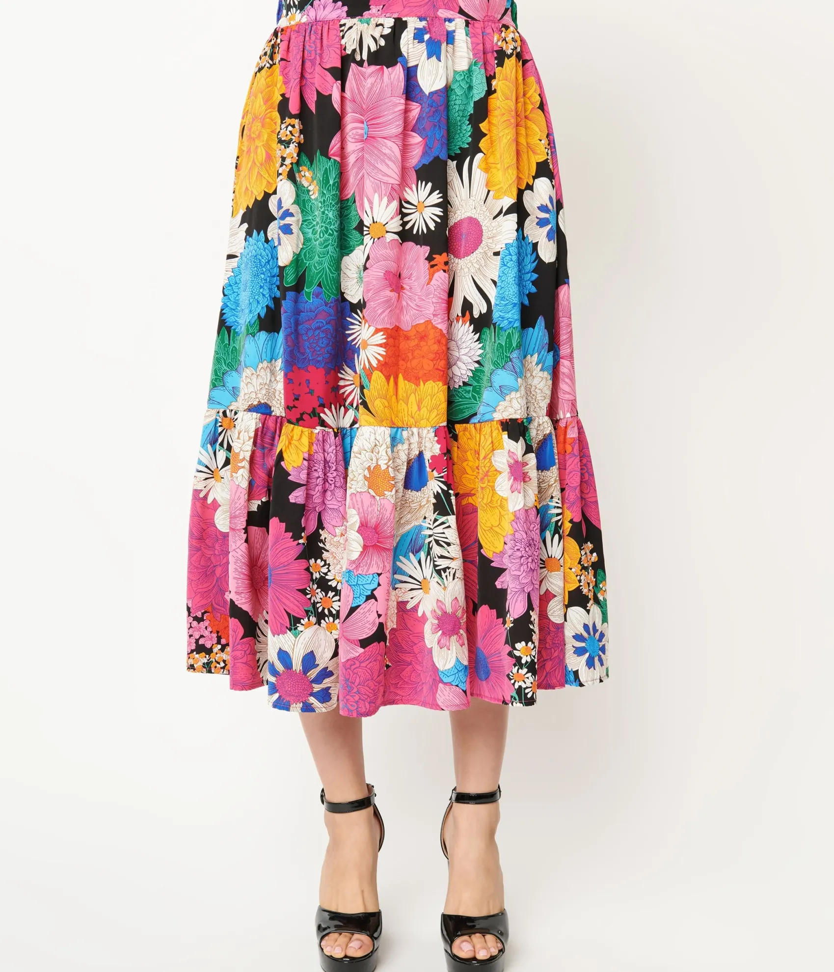 Unique Vintage 1970s Black & Rainbow Floral Midi Skirt Fashion