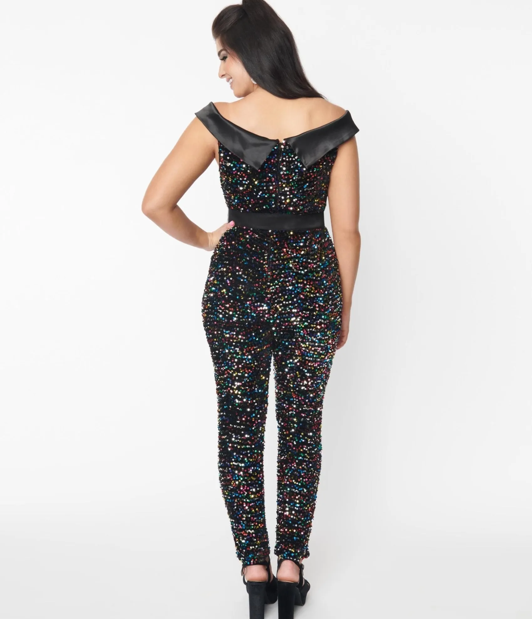 Unique Vintage 1970s Black & Rainbow Sequin Gillian Jumpsuit Online