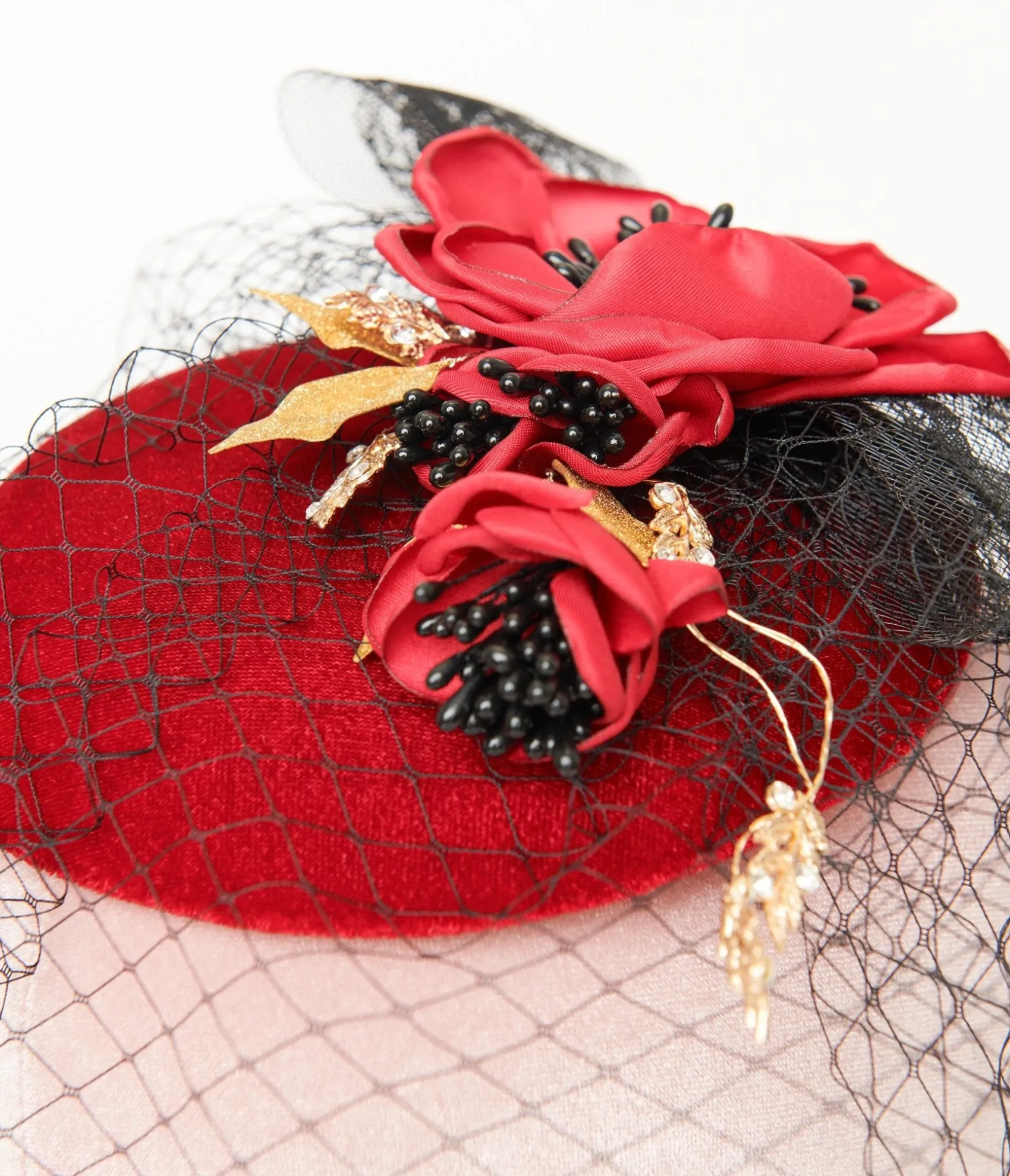Unique Vintage 1950s Black & Red Floral Fascinator Hat Cheap