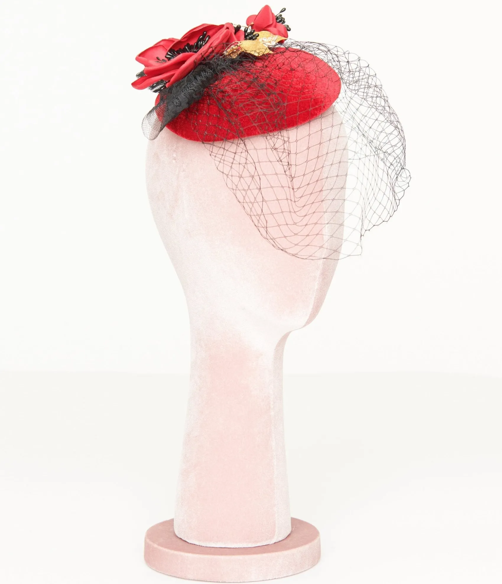 Unique Vintage 1950s Black & Red Floral Fascinator Hat Cheap