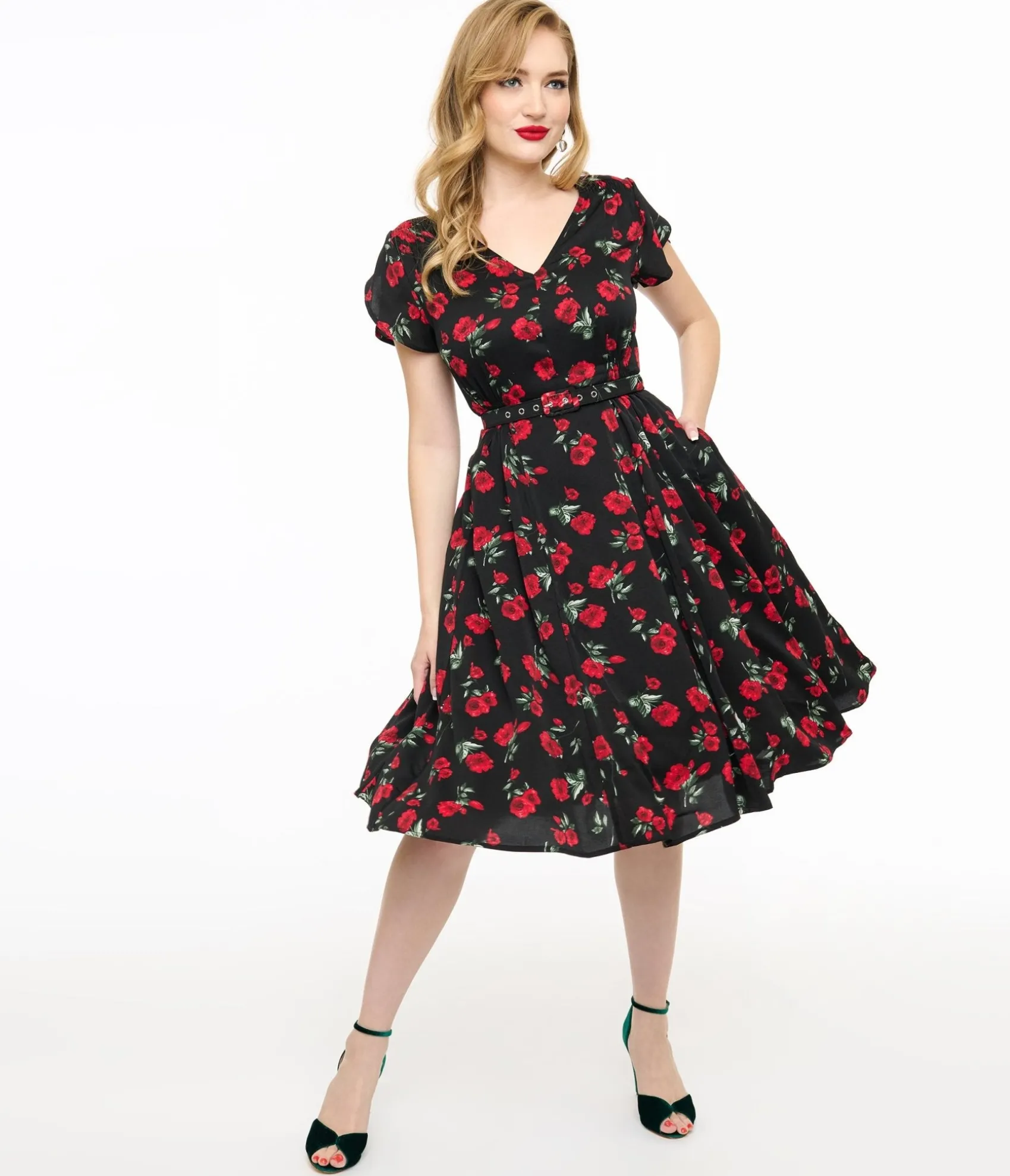 Unique Vintage 1940s Black & Red Floral Print Tulip Sleeve Swing Dress New