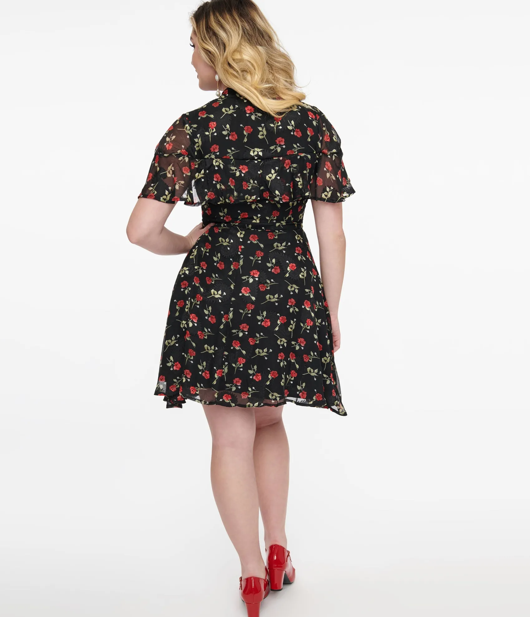 Unique Vintage 1950s Black & Red Rose Capulet Fit & Flare Dress Cheap