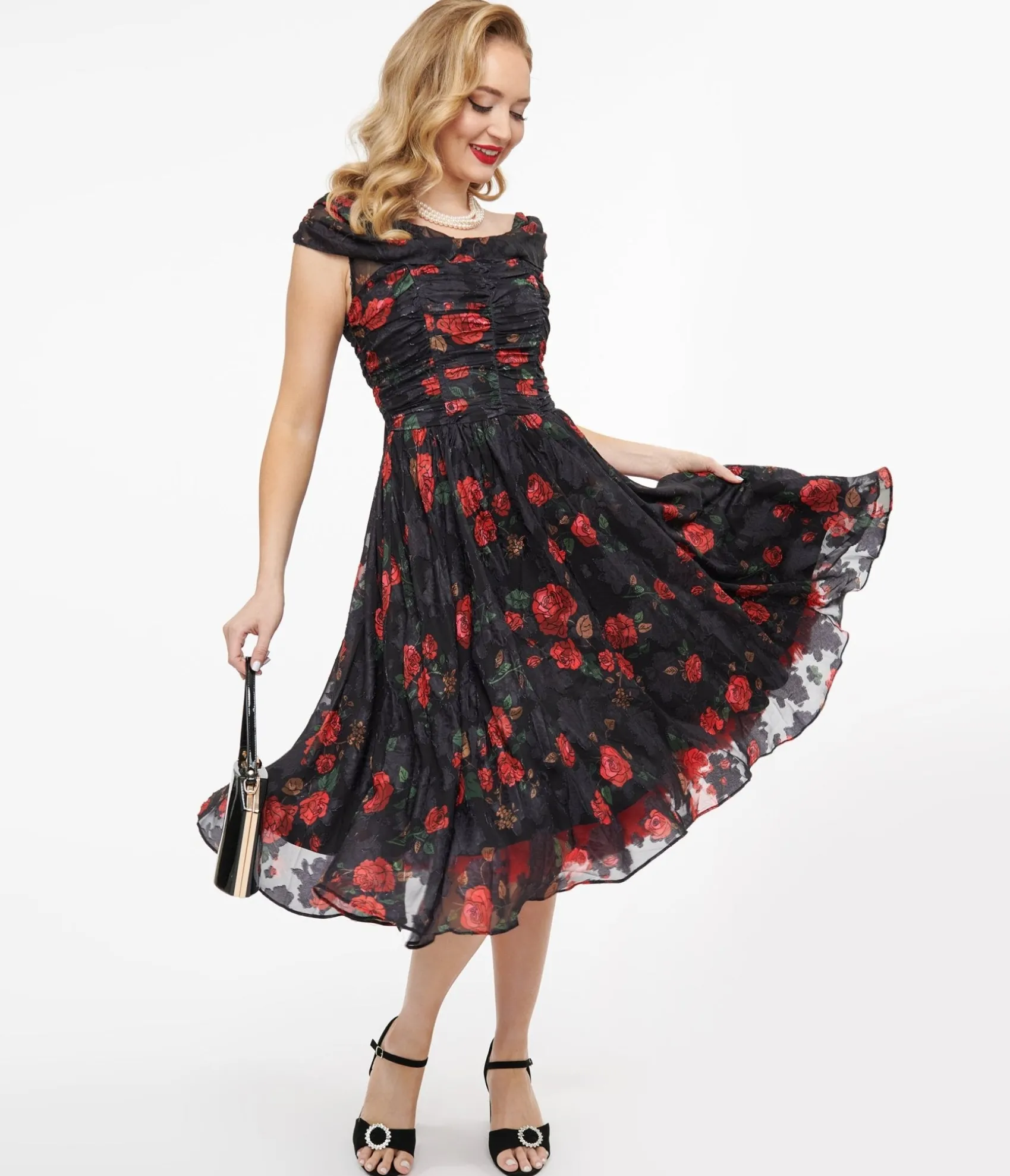 Unique Vintage 1950s Black & Red Rose Off The Shoulder Cocktail Dress Best Sale