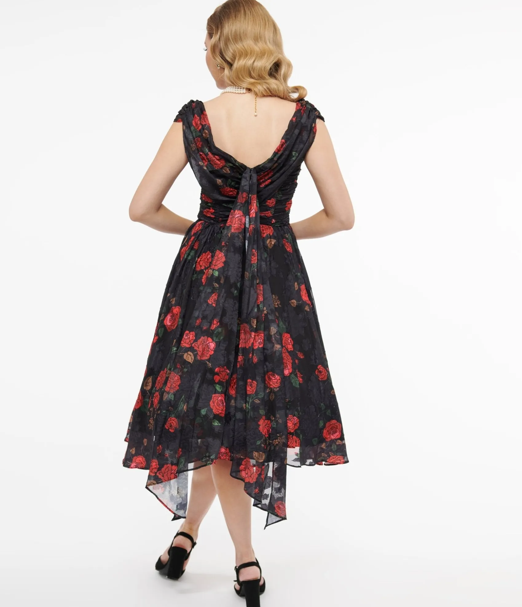 Unique Vintage 1950s Black & Red Rose Off The Shoulder Cocktail Dress Best Sale