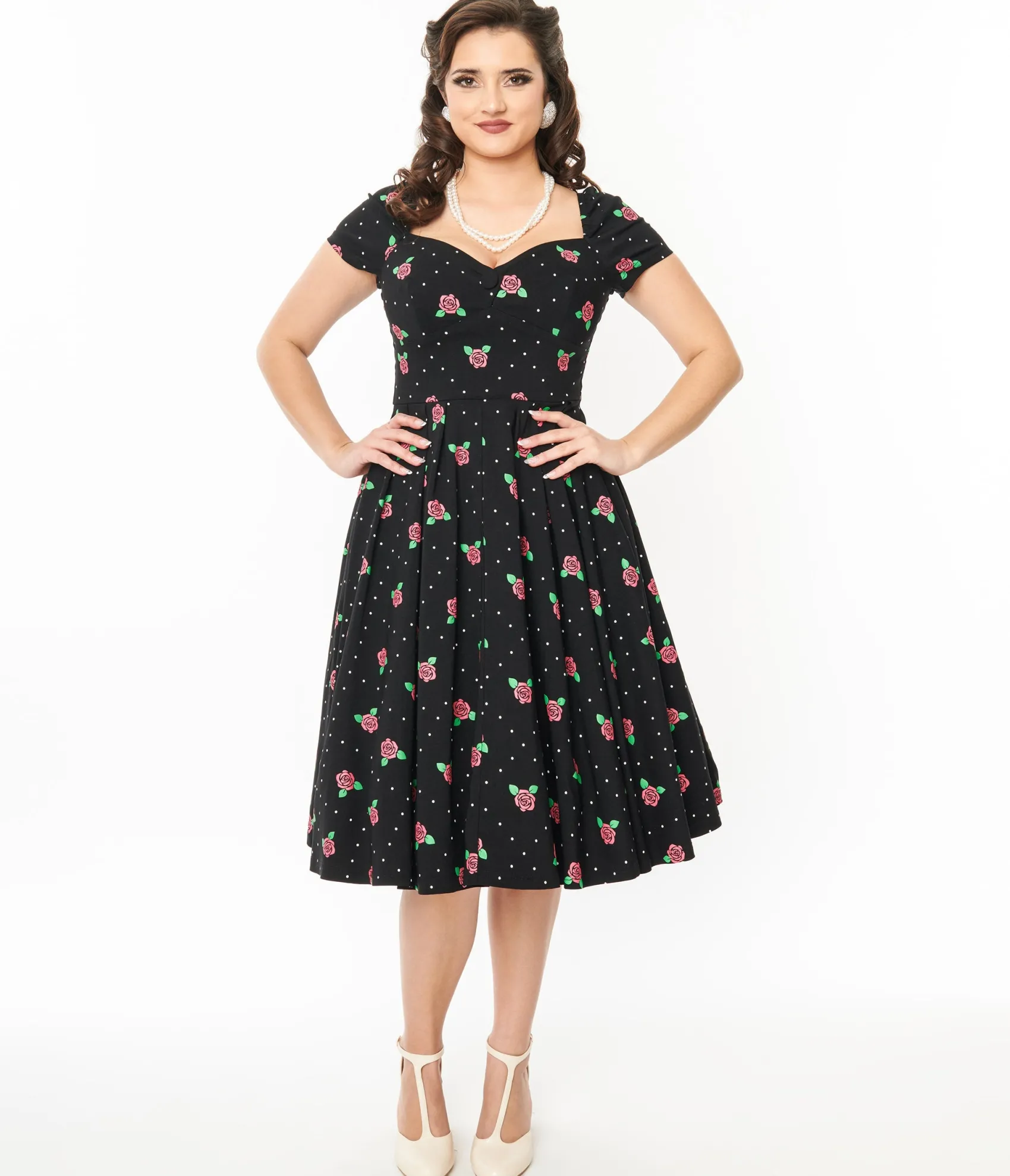 Unique Vintage 1950s Black & Rose Stamp Midge Swing Dress Discount