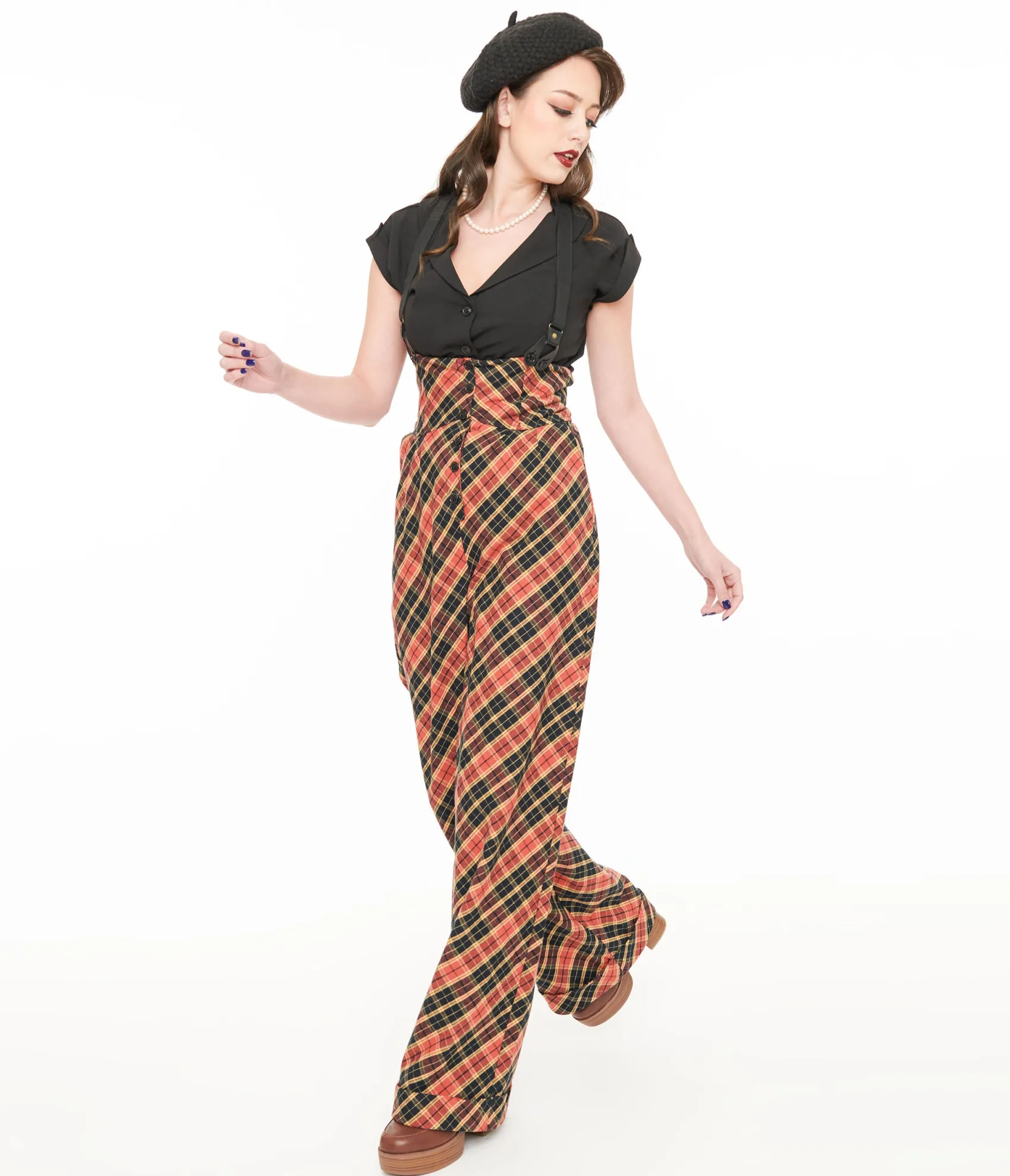 Unique Vintage 1930s Black & Rust Plaid Thelma Suspender Pants Discount