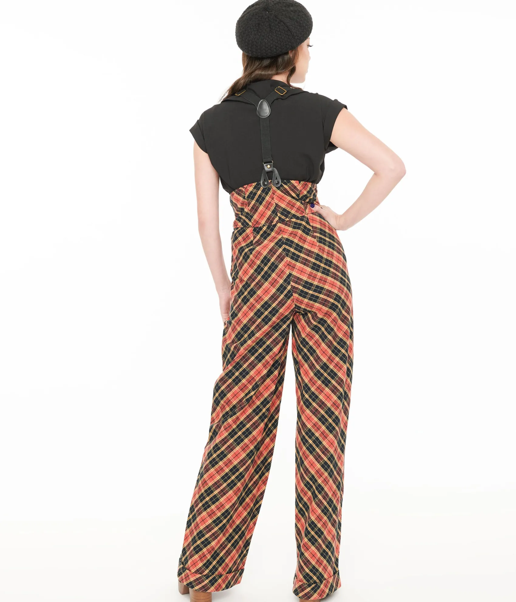 Unique Vintage 1930s Black & Rust Plaid Thelma Suspender Pants Discount