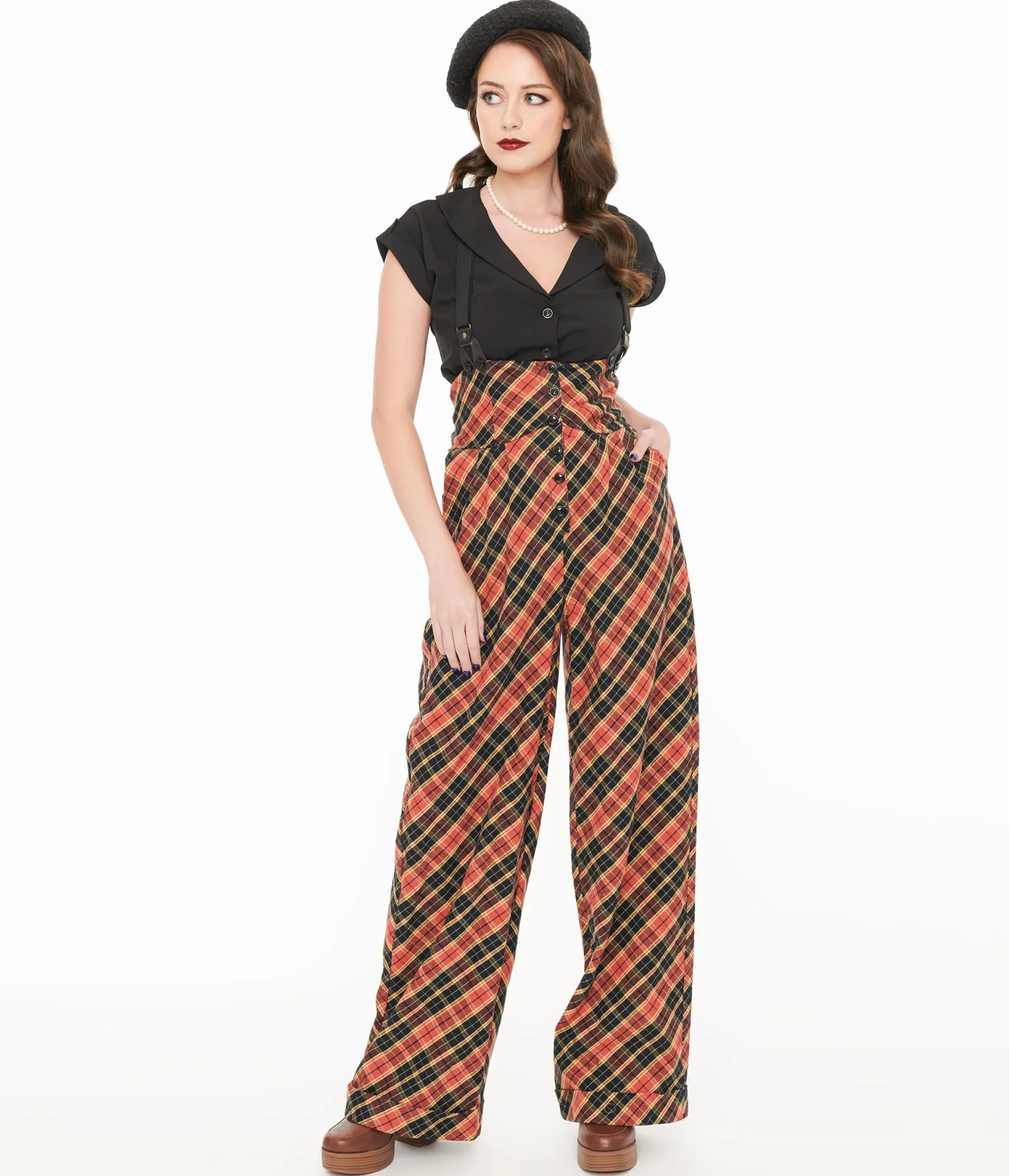 Unique Vintage 1930s Black & Rust Plaid Thelma Suspender Pants Discount
