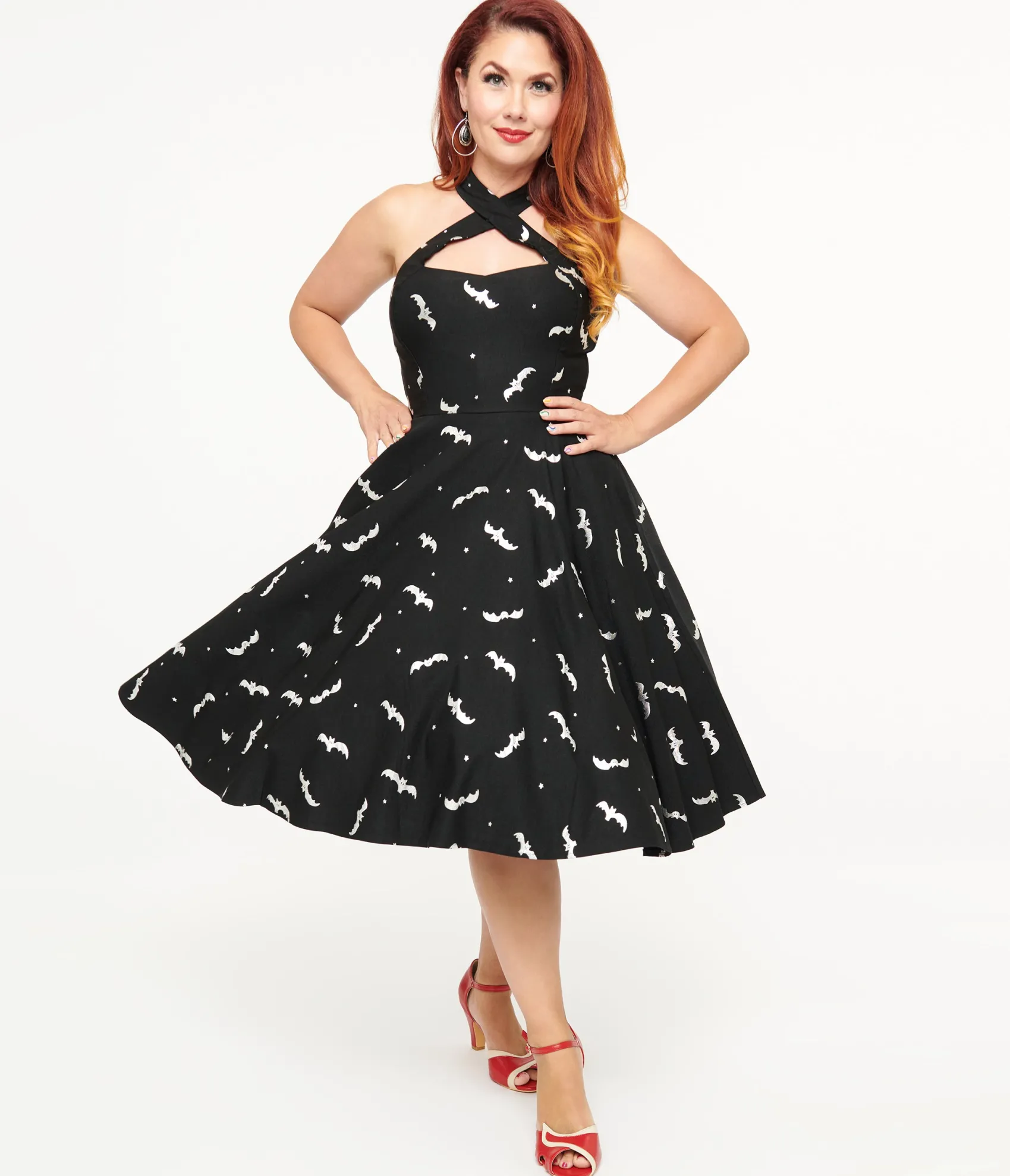 Unique Vintage 1950s Black & Silver Bats Criss Cross Halter Rita Flare Dress Store