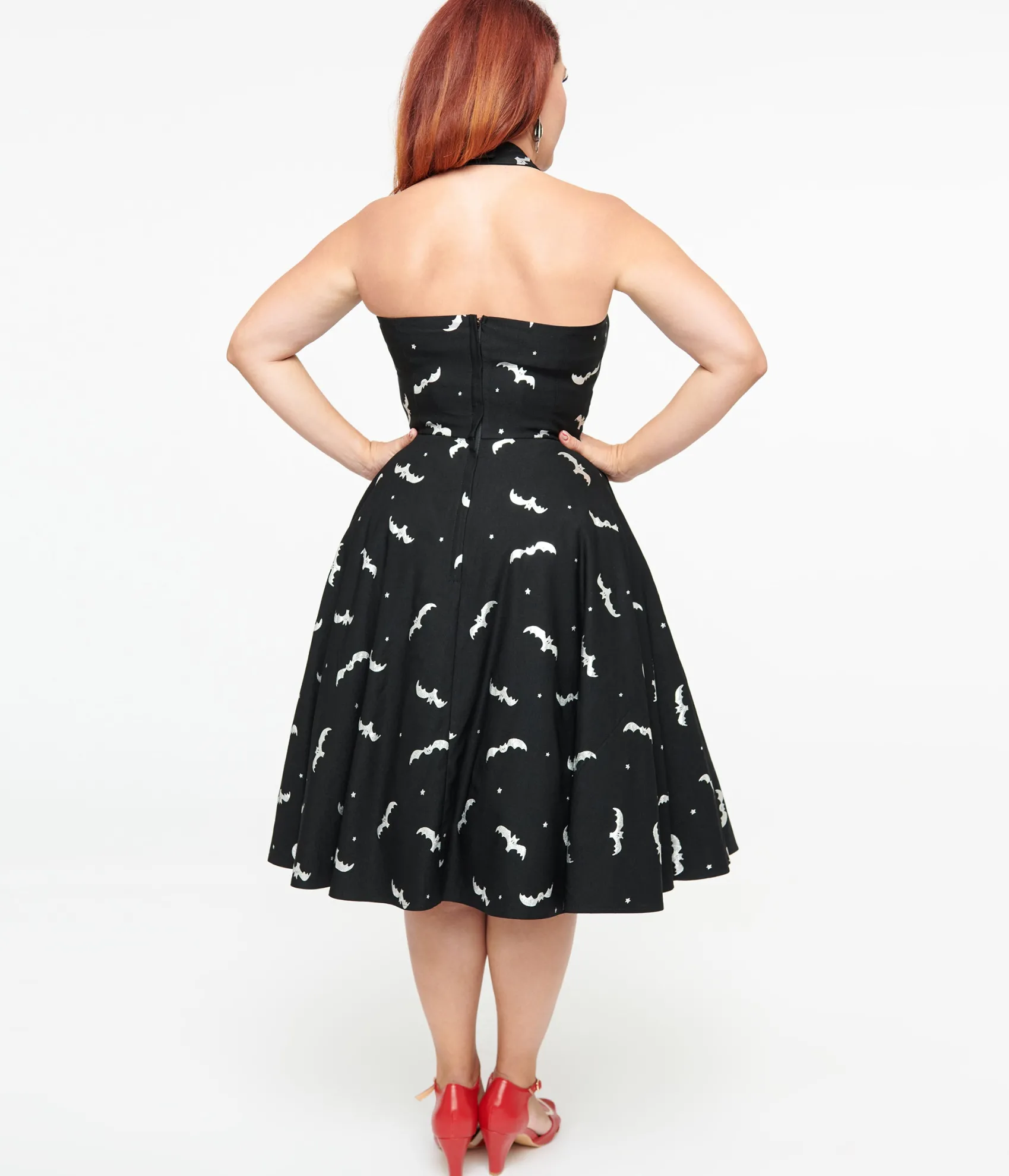 Unique Vintage 1950s Black & Silver Bats Criss Cross Halter Rita Flare Dress Store