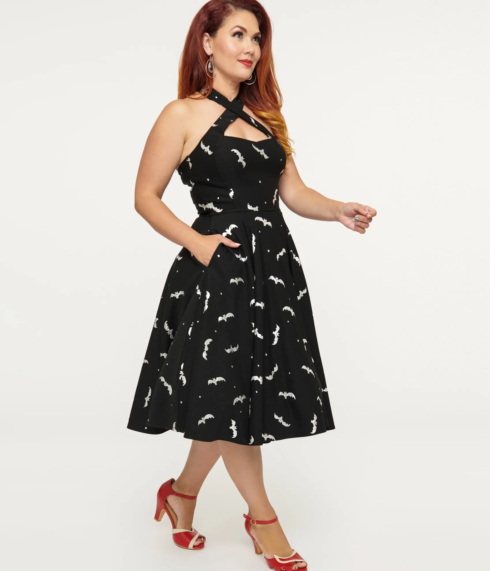Unique Vintage 1950s Black & Silver Bats Criss Cross Halter Rita Flare Dress Store