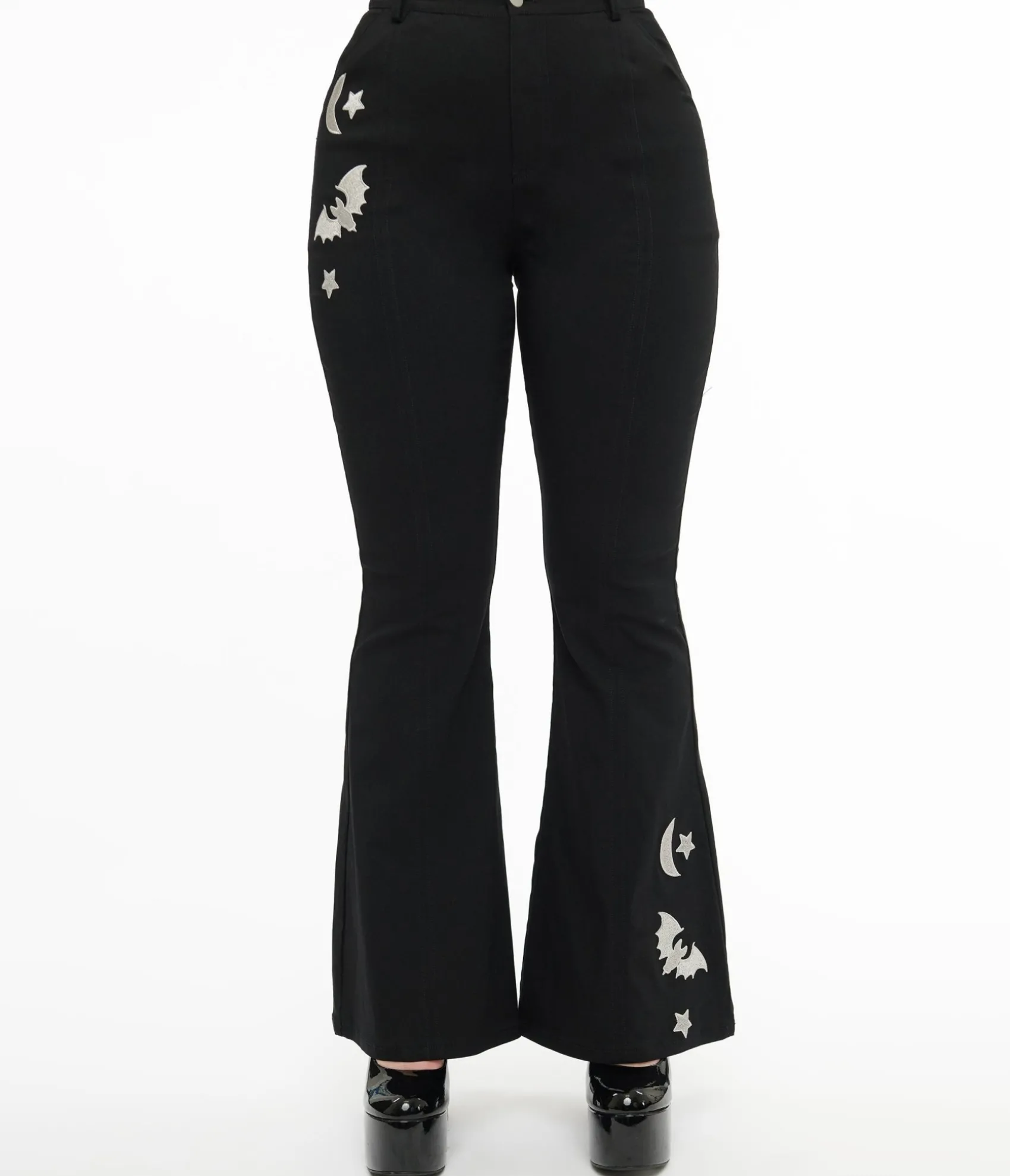 Unique Vintage 1970s Black & Silver Bats Flare Pants Fashion