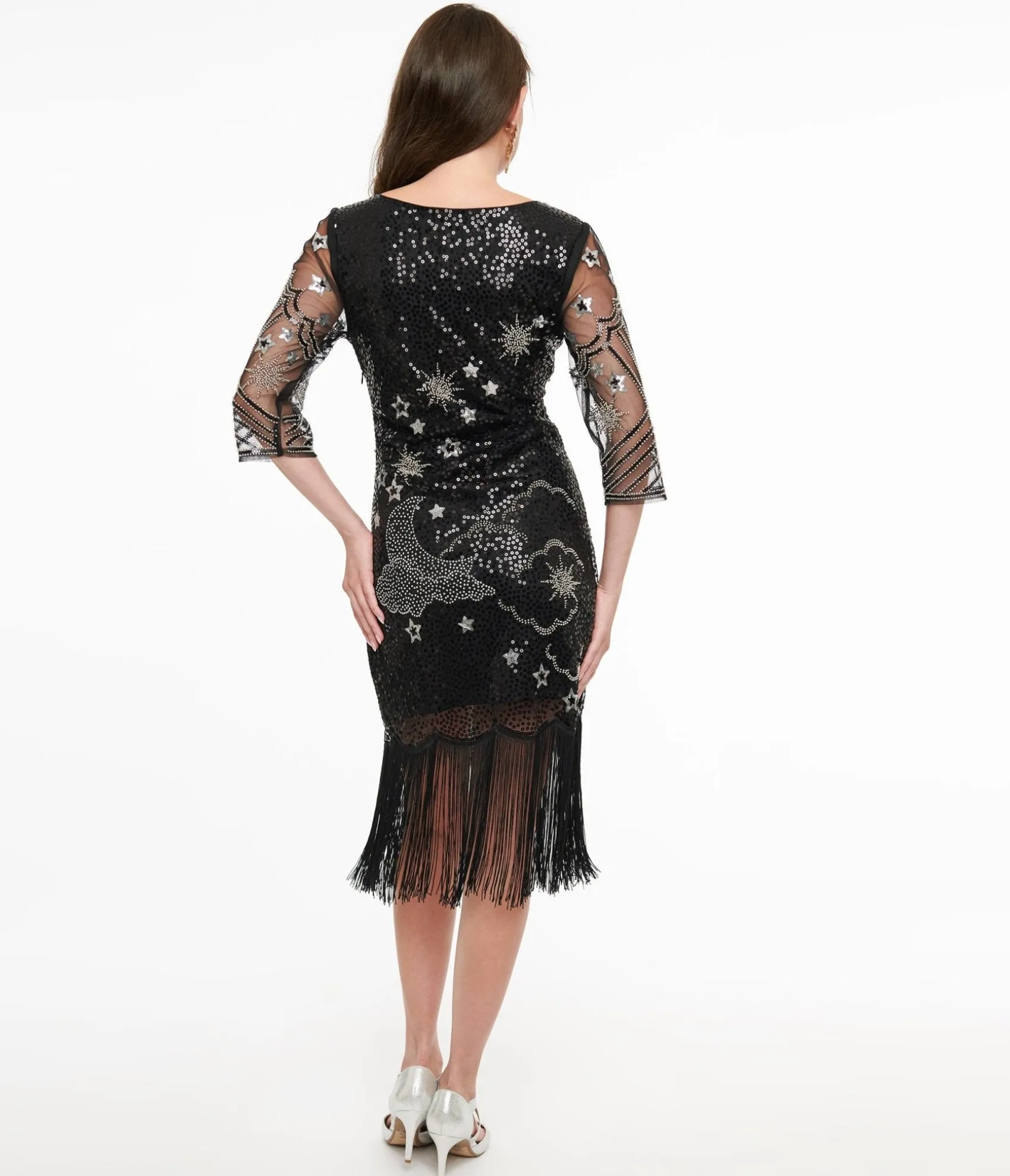 Unique Vintage 1920s Black & Silver Moon & Stars Sequin Margaux Flapper Dress Outlet