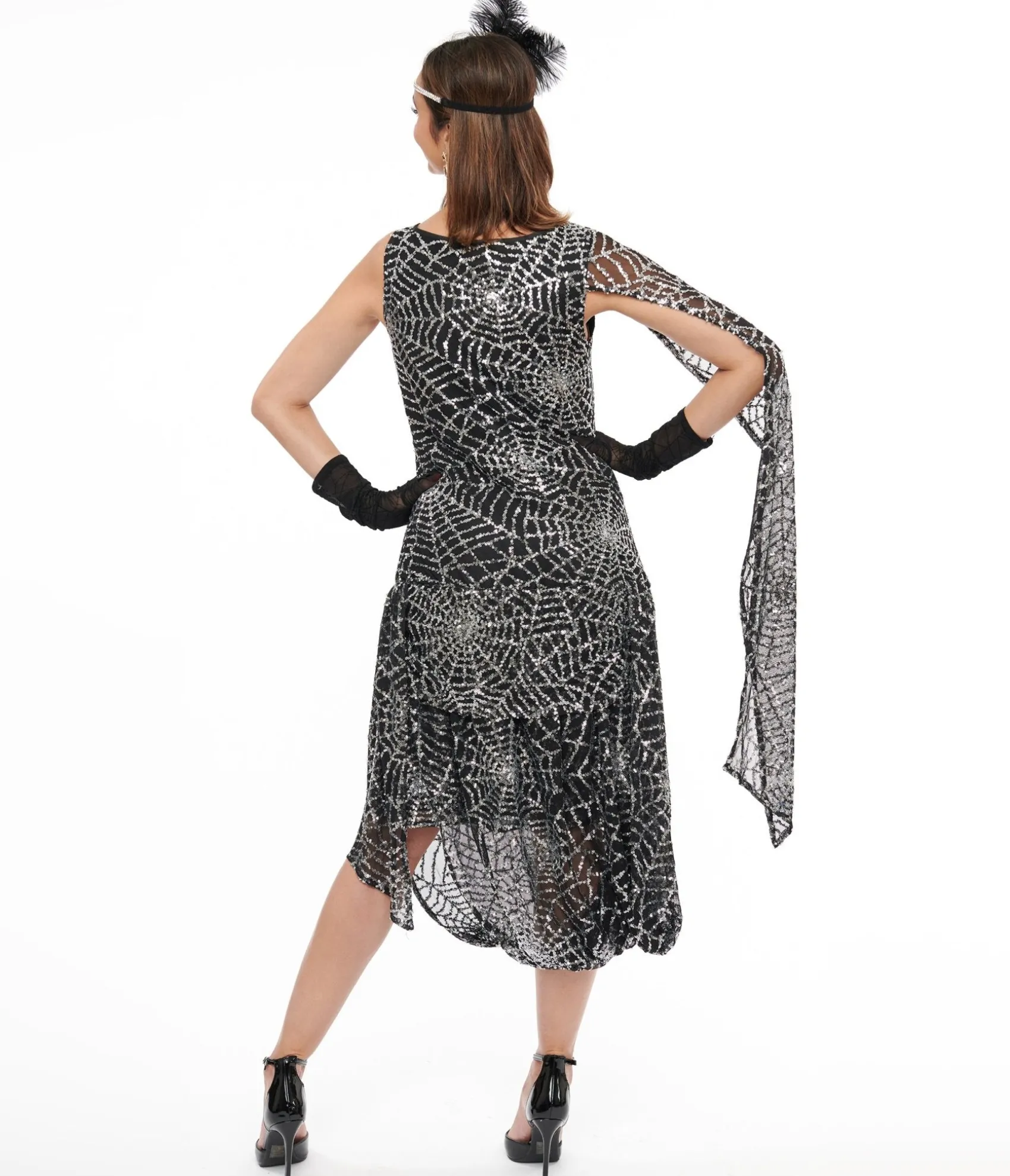 Unique Vintage 1920s Black & Silver Sequin Spider Web Draped Flapper Dress Store