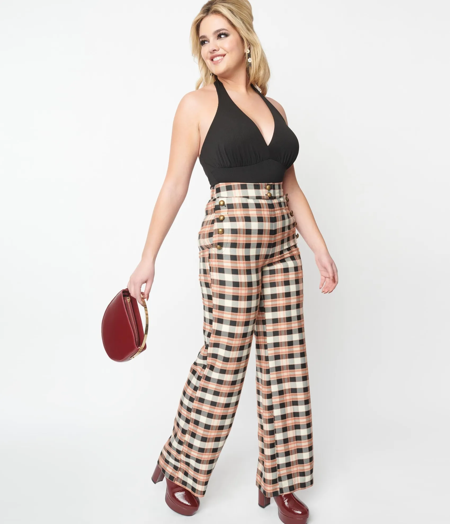 Unique Vintage 1940s Black & Tan Plaid Sailor Pants Cheap