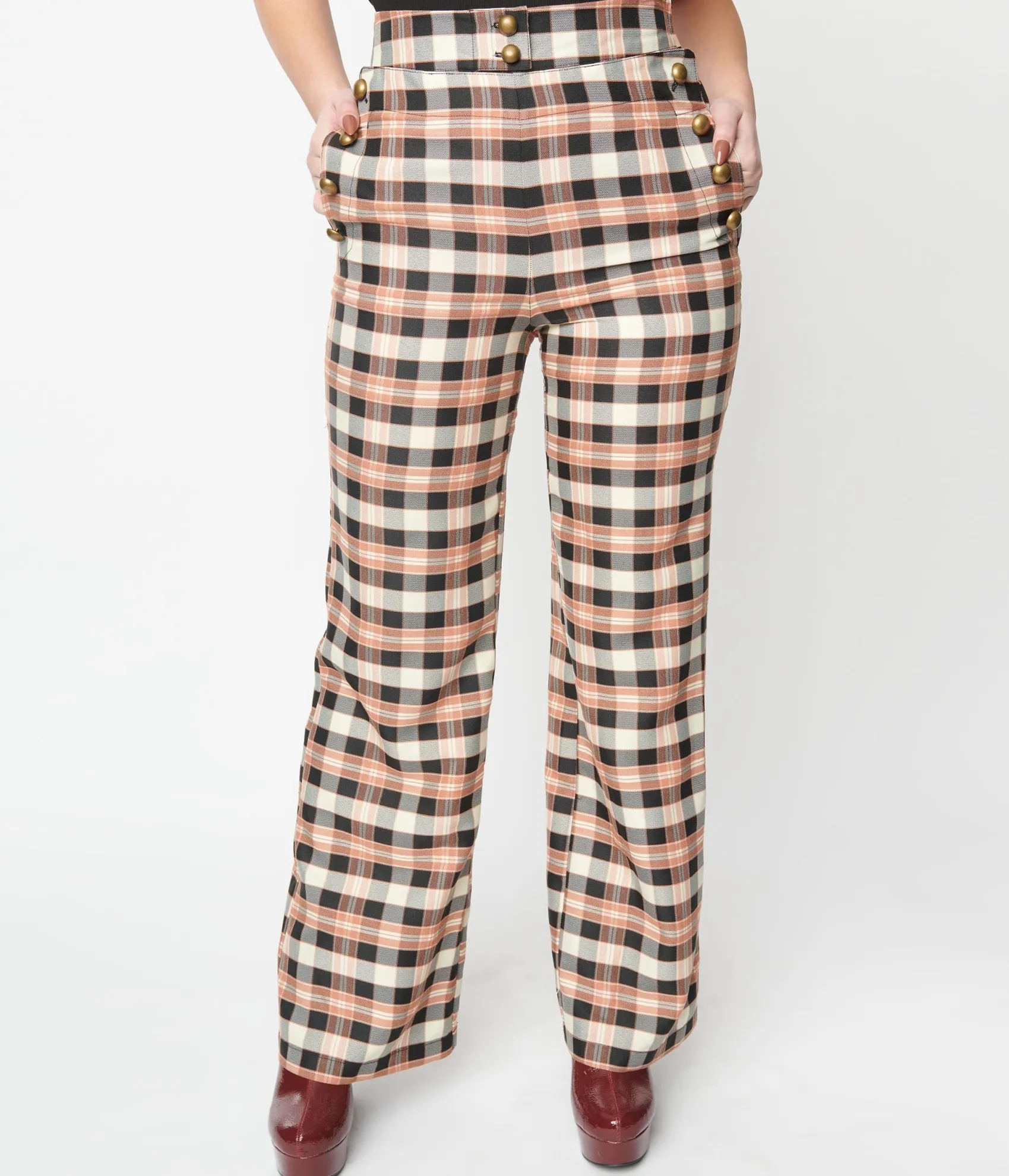Unique Vintage 1940s Black & Tan Plaid Sailor Pants Cheap