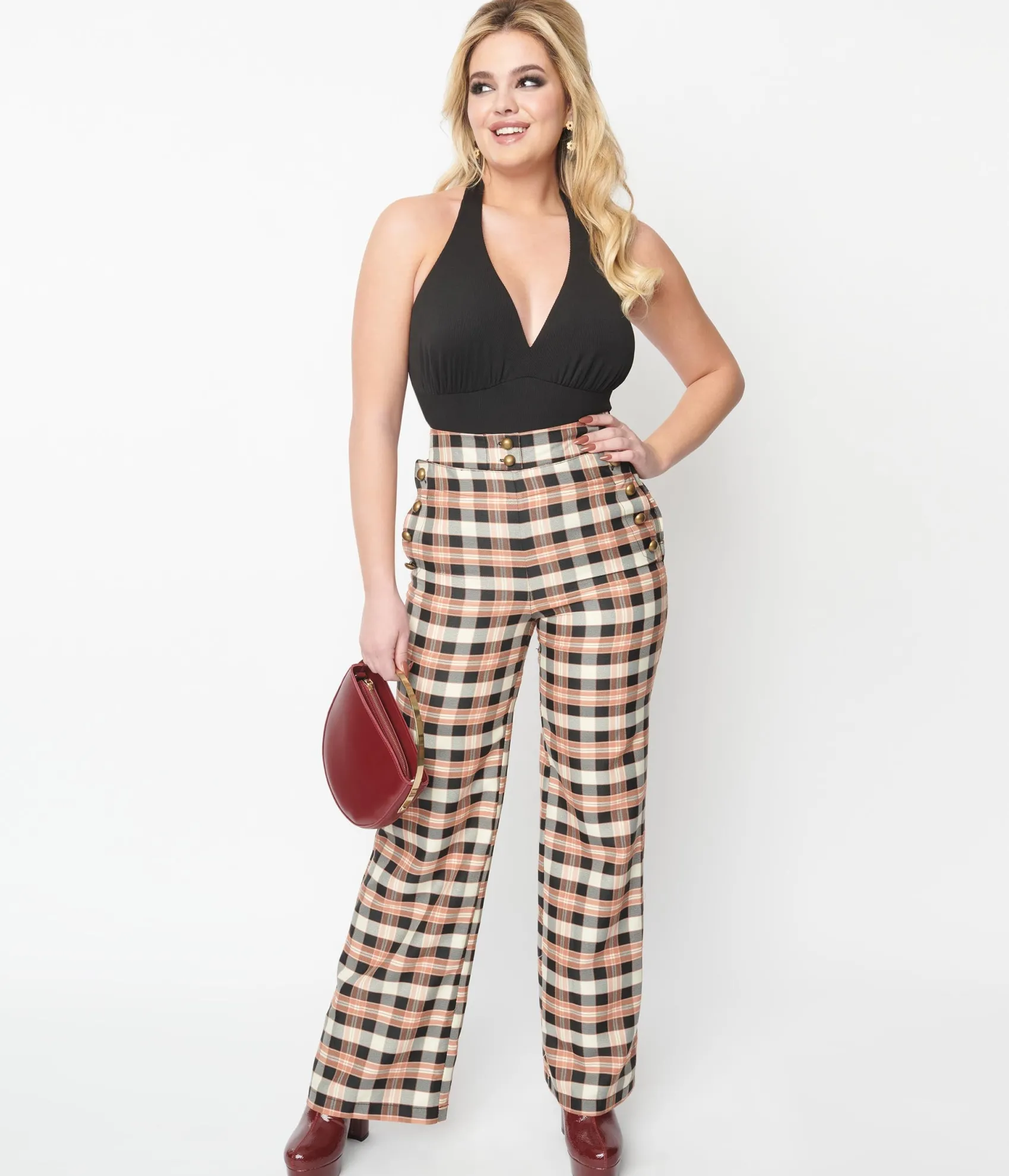 Unique Vintage 1940s Black & Tan Plaid Sailor Pants Cheap