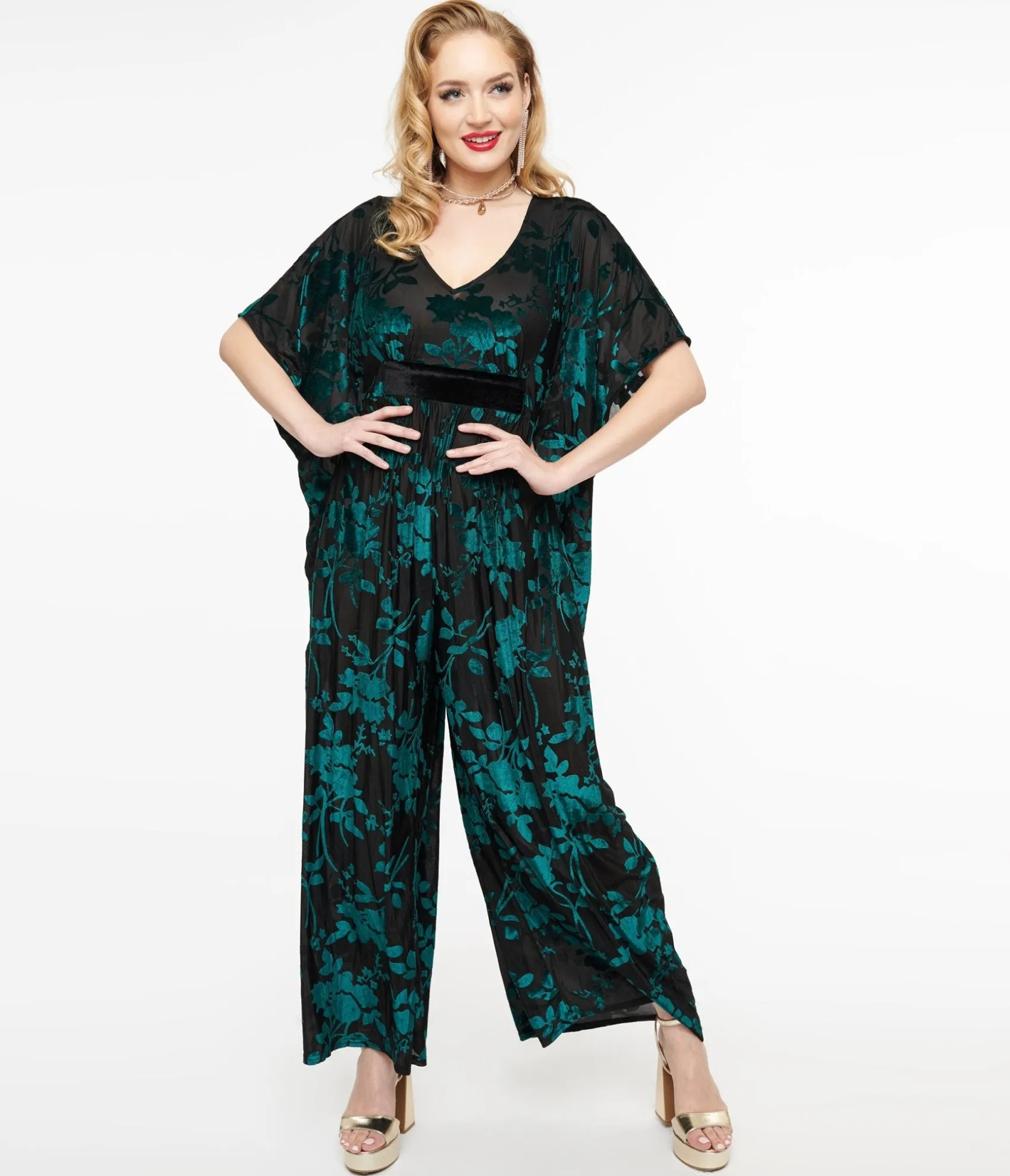 Unique Vintage 1970s Black & Teal Velvet Floral Burnout Caftan Jumpsuit Hot