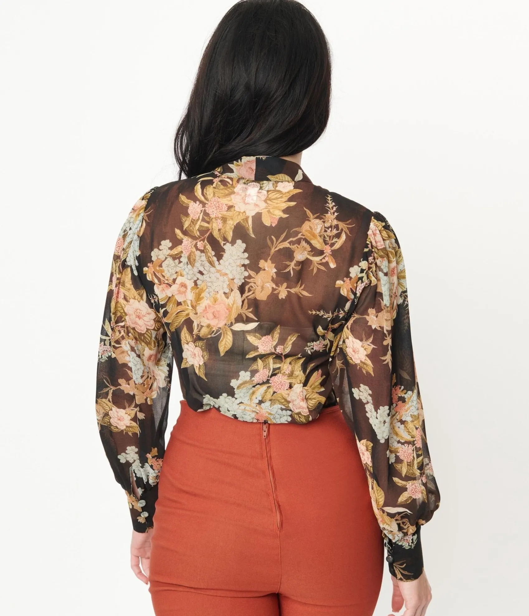 Unique Vintage 1930s Black & Vintage Floral Bouquet Print Gwen Blouse Hot