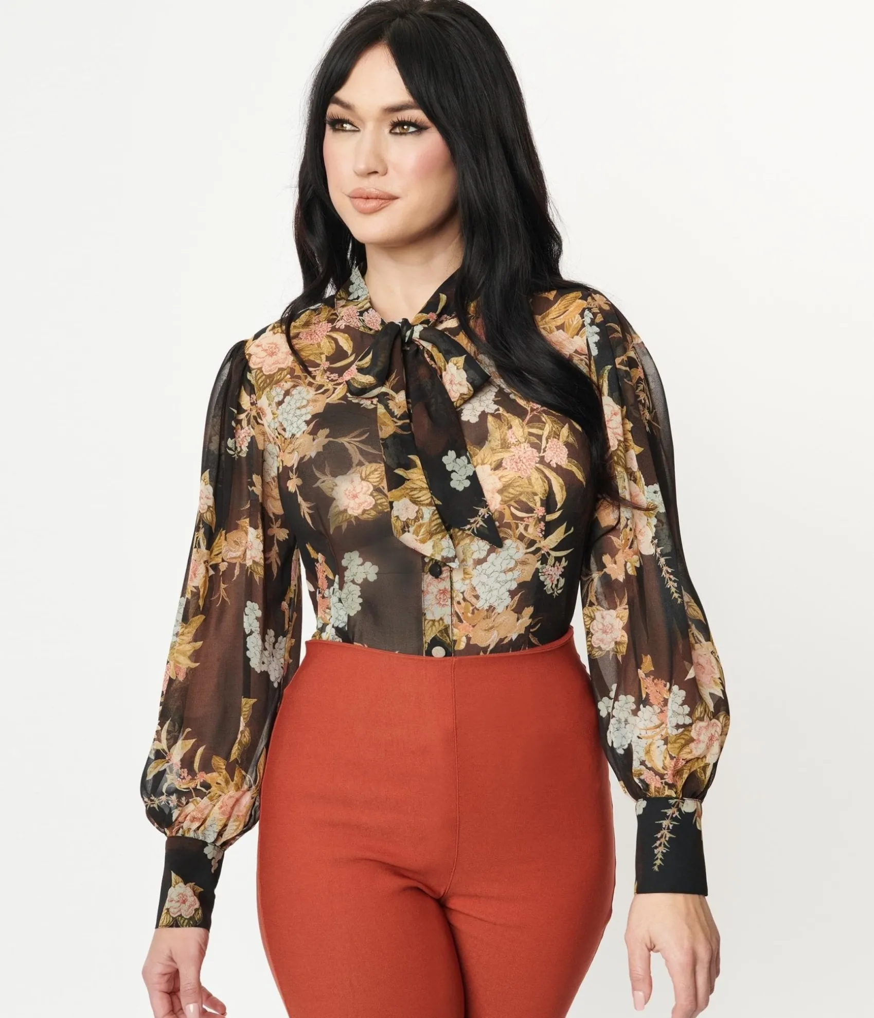 Unique Vintage 1930s Black & Vintage Floral Bouquet Print Gwen Blouse Hot