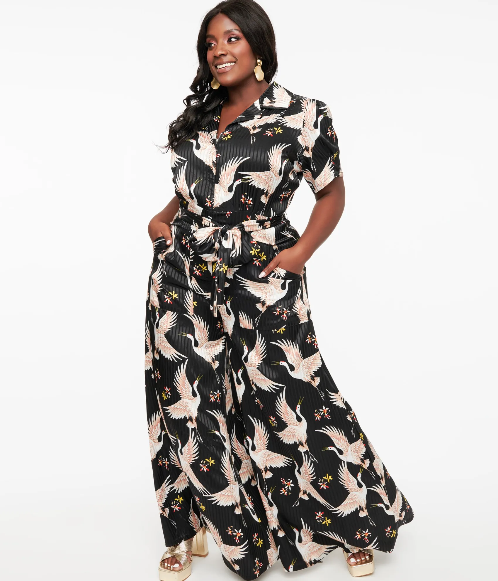 Unique Vintage 1940s Black & White Cranes Flare Jumpsuit Best Sale